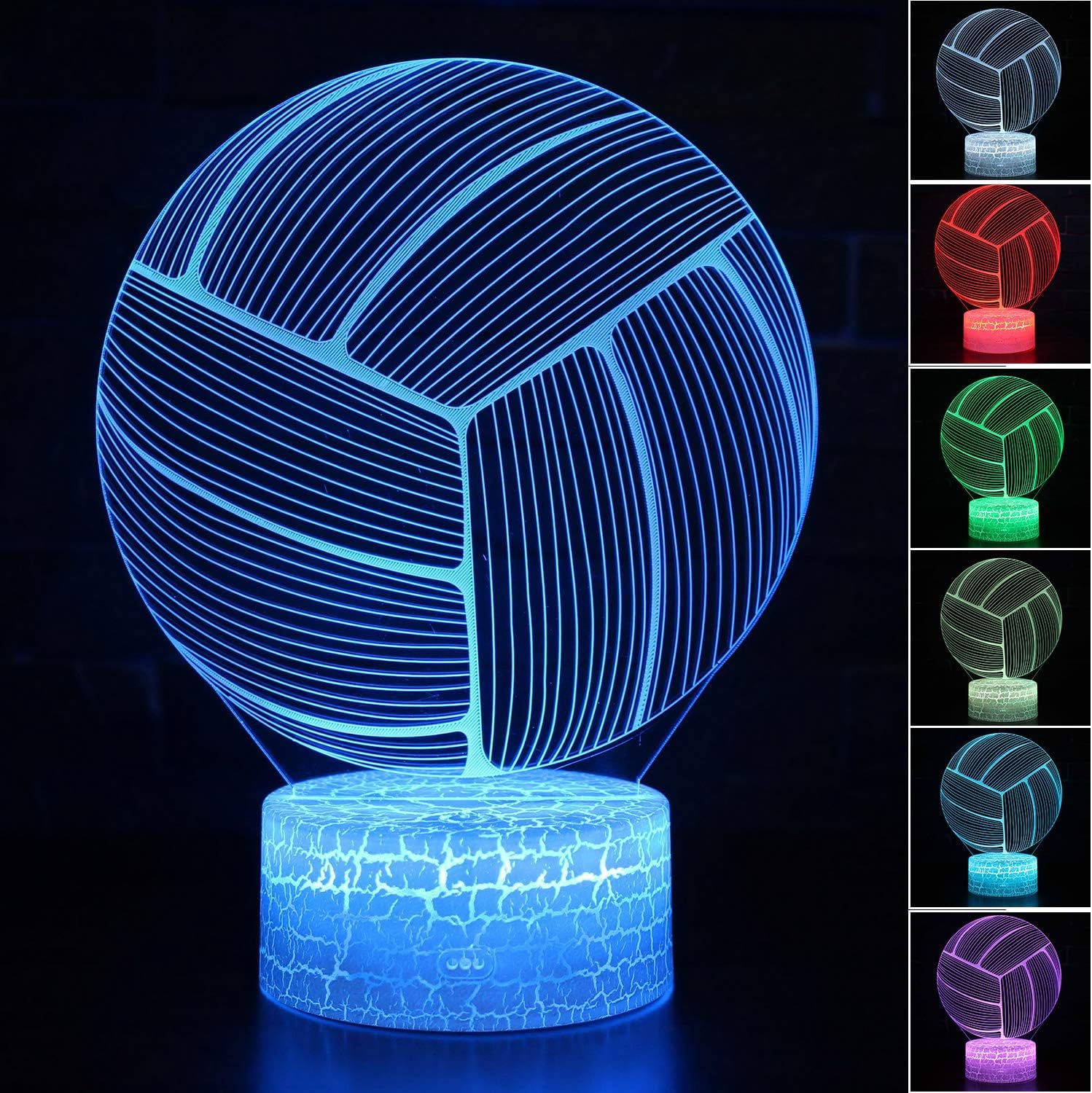 Volleyball 3D Illusion Night Light,16 Colors Changing Touch Switch & Remote Control,Acrylic Flat & ABS White Crack Base &USB Cable Table Lamp