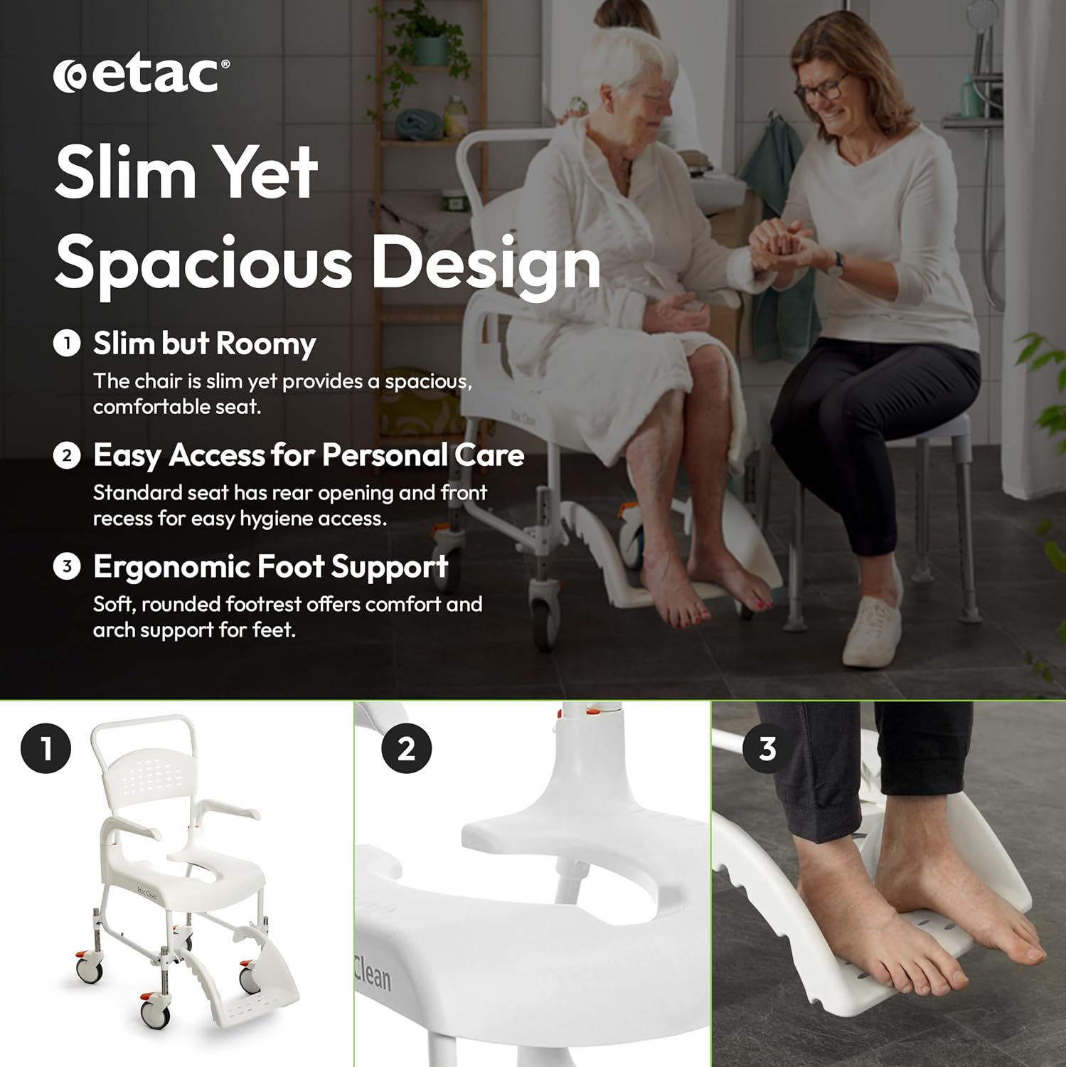 Etac Clean 24" Self-Propelled Shower Chair with Wheels - 21 3/4 Inch Fixed Height with 24 Inch Rear Wheels - Shower Wheelchair for Elderly and Disabled - Movable Armrest & Ergonomic Footrest