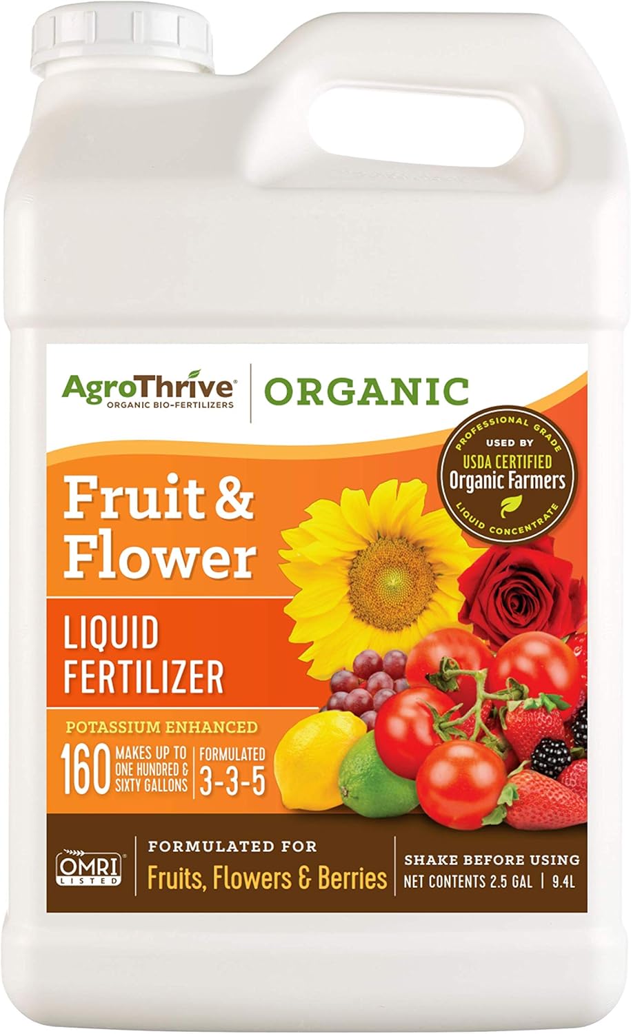AgroThrive Fruit and Flower Organic Liquid Fertilizer - 3-3-5 NPK (ATFF1128) (1 Gal) for Fruits, Flowers, Vegetables, Greenhouses and Herbs
