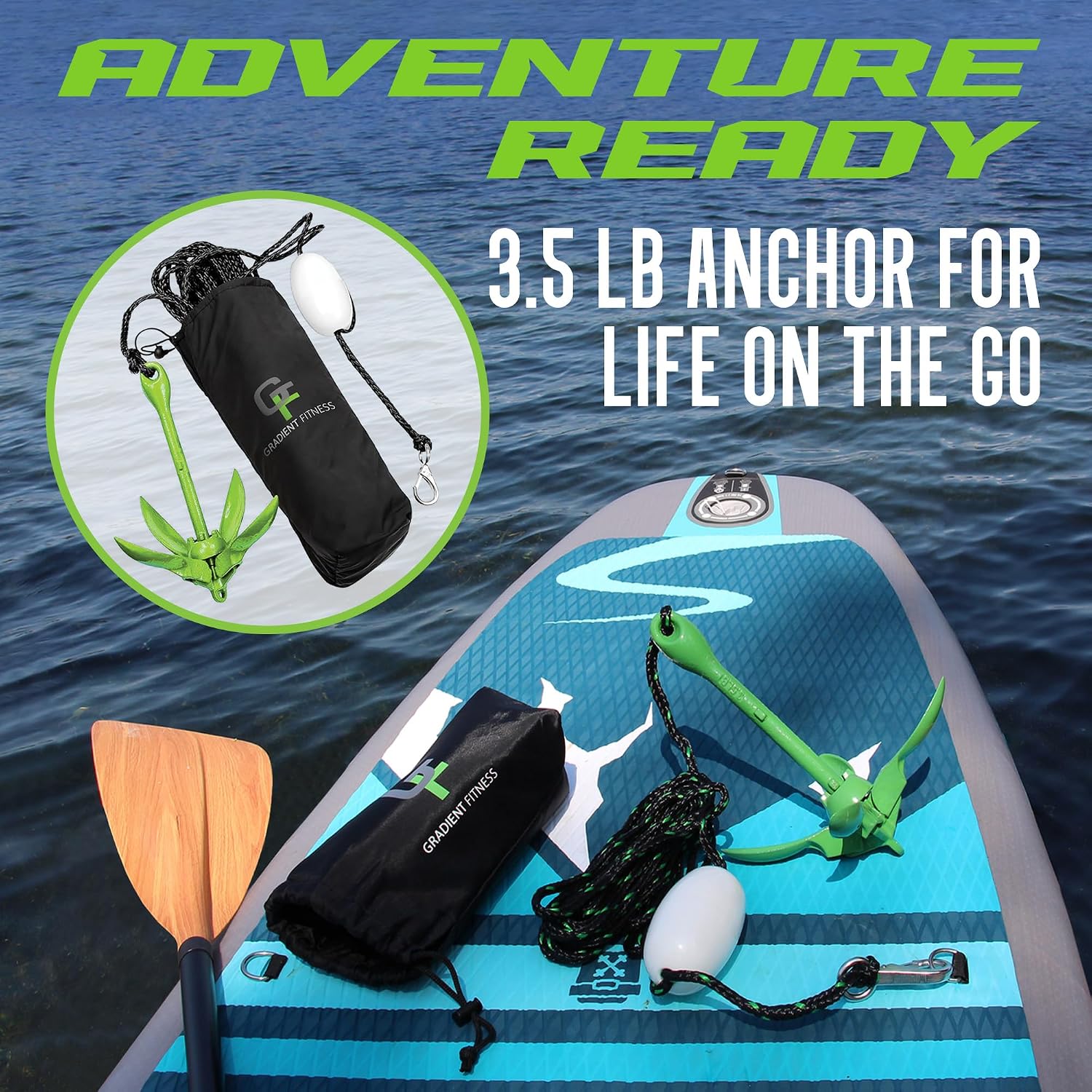 Kayak Anchor Kit - 3.5 lb, Green - Folding Grapnel Anchor with 25 ft Rope | Gradient Fitness boat anchor kit for paddle boards, SUPs, canoes, jet ski