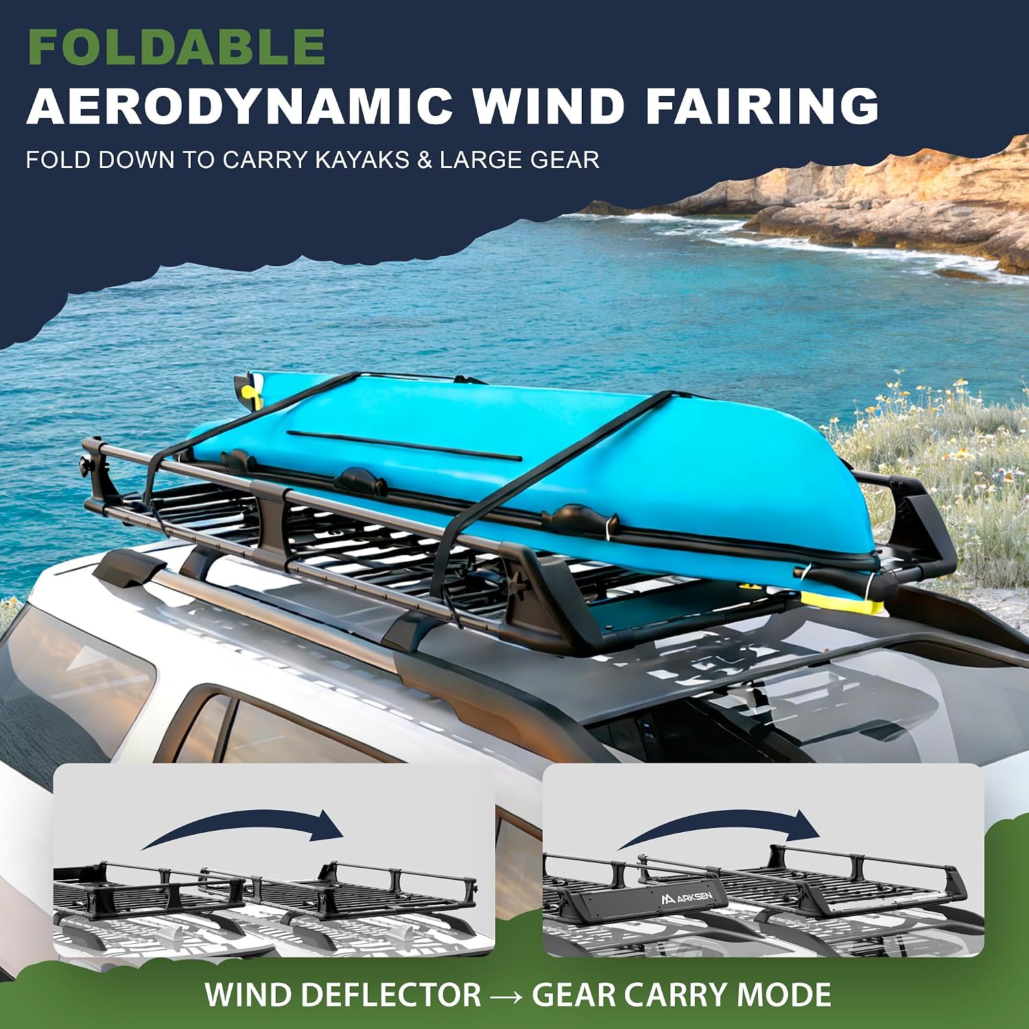 2-in-1 Foldable Fairing Roof Rack Cargo Basket (Deflector & Flat Mode), 64" x 39" Heavy Duty Steel Rooftop Carrier, 250 lbs Max Load, Fits SUV Truck Pickup for Kayaks, Canoes & Luggage