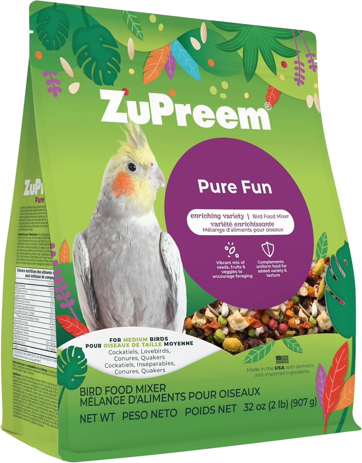 ZuPreem FruitBlend Cockatiel & Conure Food, Uniform Bird Food, M, 2 lb | Bird Food Pellets, Real Fruit, Blend, Cockatiel Food, Conures, Lovebirds, Love Bird Pellets, Quaker, Parrot, Medium Birds