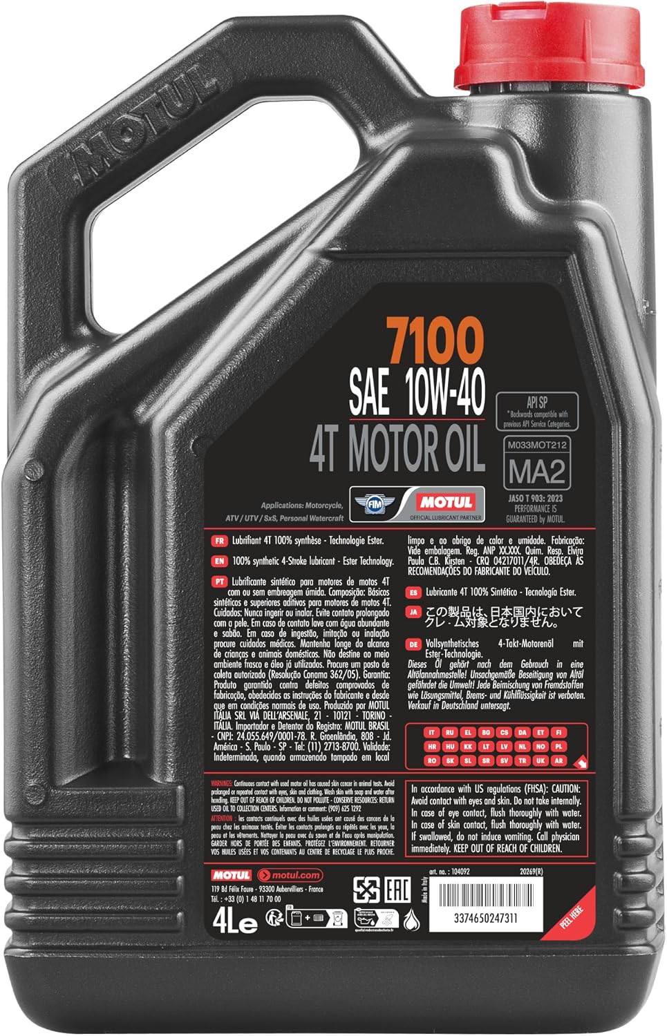 Motul 7100 4T 10W-30 Full Synthetic Motorcycle Oil - Ester Core Technology - API SP JASO MA2 Wet Clutch and DCT Safe - Engine Protection for Honda, Hero, TVS - 4 L