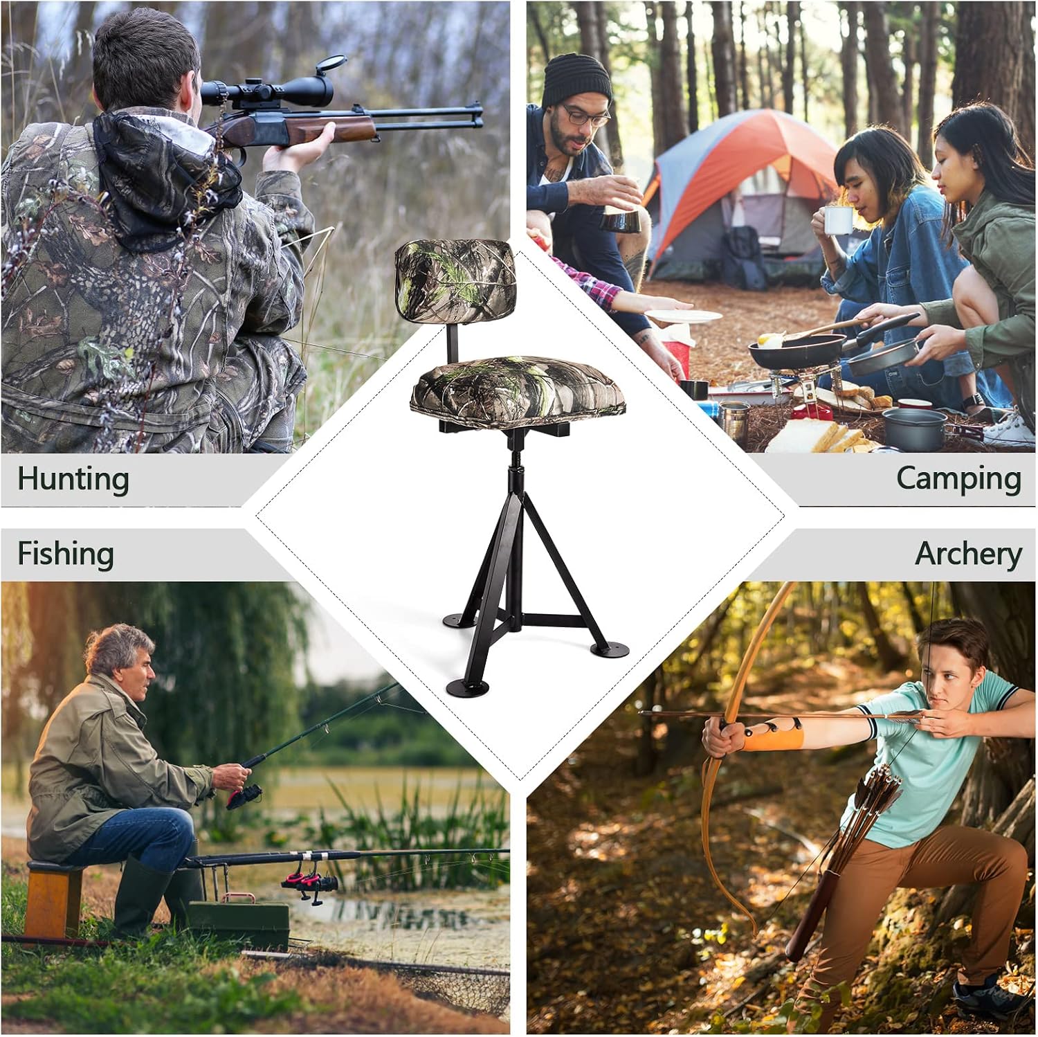LDAILY Moccha 360 Swivel Hunting Chair, Camo Blind Chair with Detachable Backrest, Padded Seat, Height Adjustable Hunter Fishing Camping Stool
