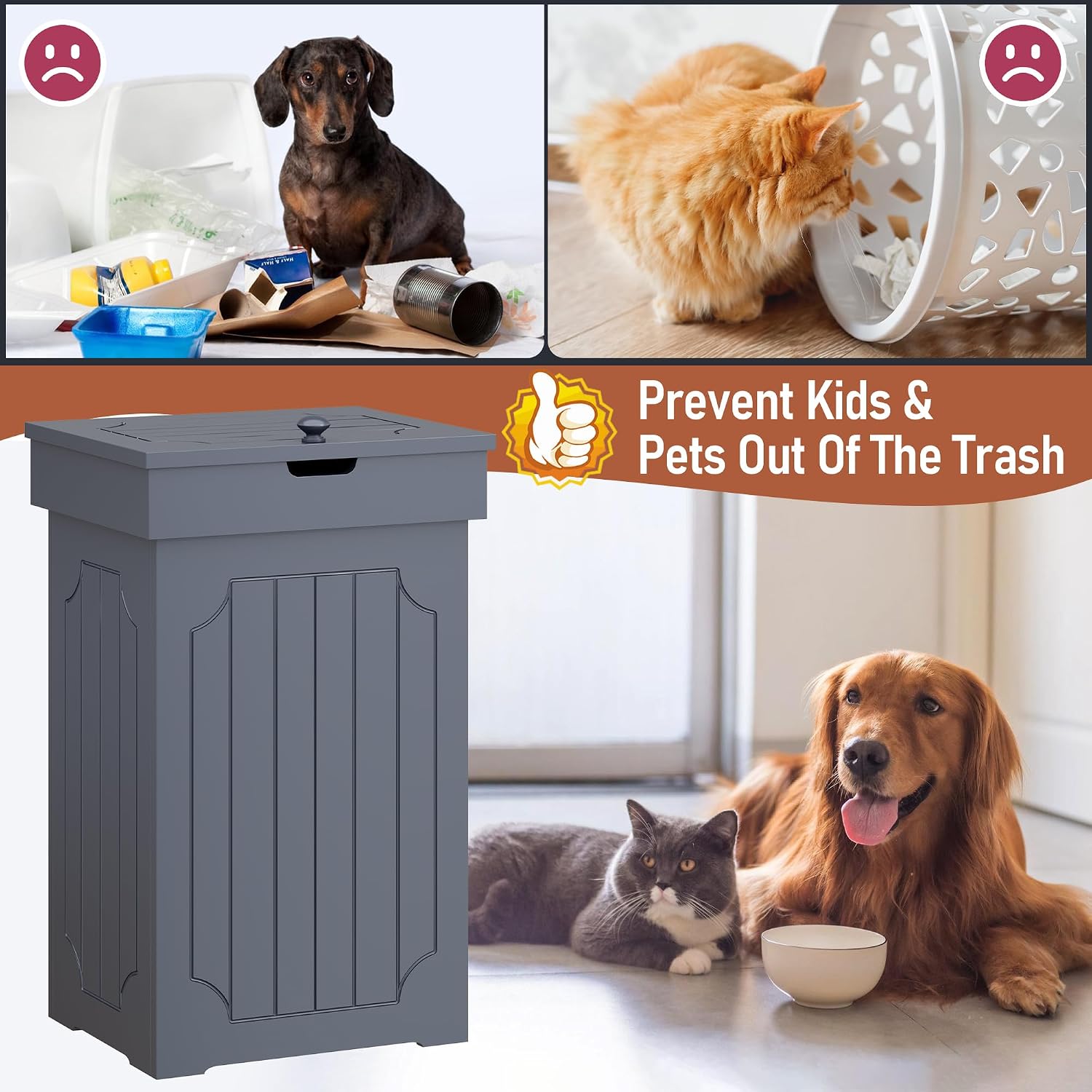 Function Home Trash Can Cabinet, 13 Gallon Kitchen Garbage Can, Wood Recycling Trash Bin, Freestanding Dog Proof Trash Can, Farmhouse Trash Cabinet with Lid for Home Kitchen Bathroom, Yellow