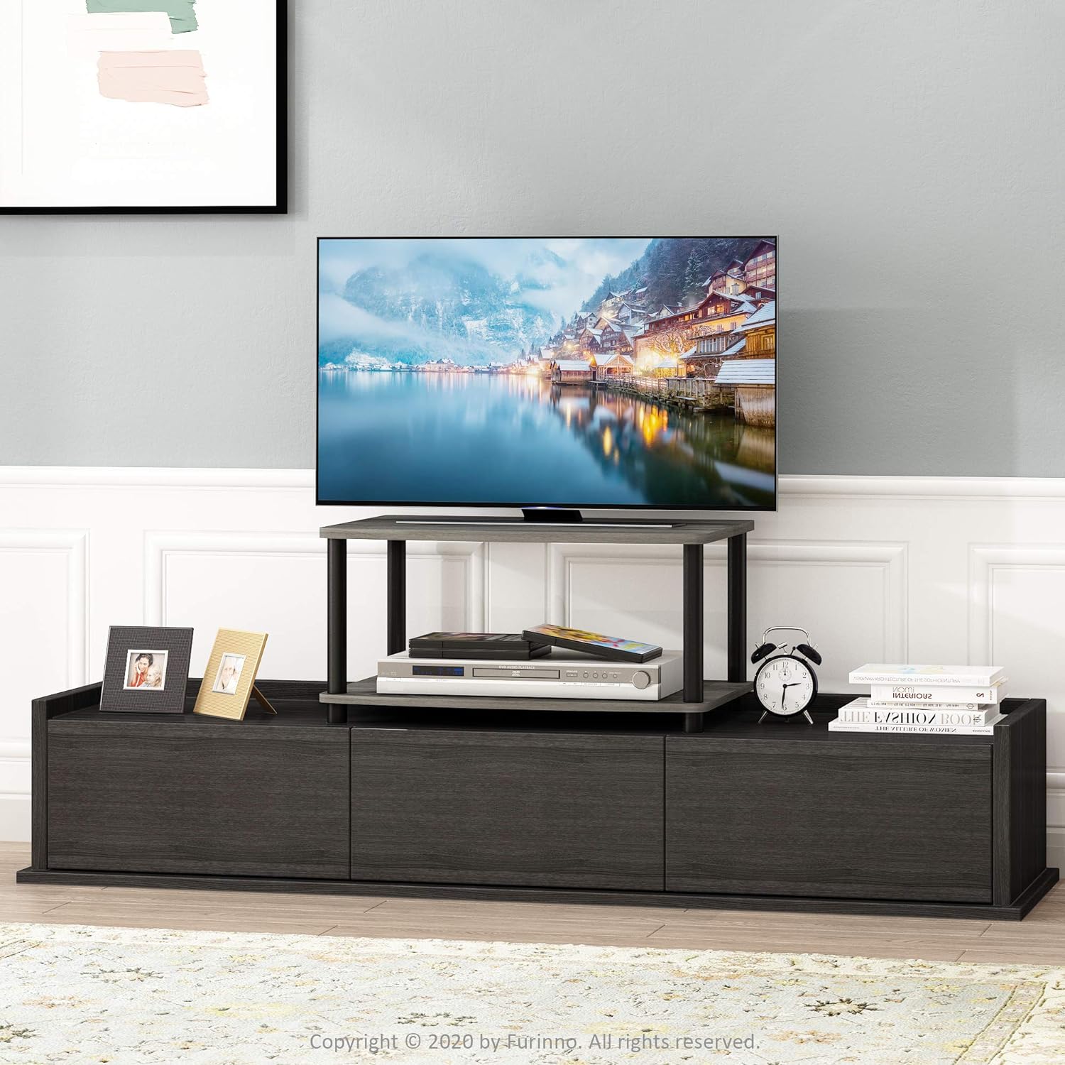 Furinno Turn-N-Tube TV Riser Stand, 2-Tier Small Elevated No Tools TV Stand, TV Console for TV up to 32 inch, 15.8 x 23.8 x 11, for Living Room, Bedroom, French Oak/Black