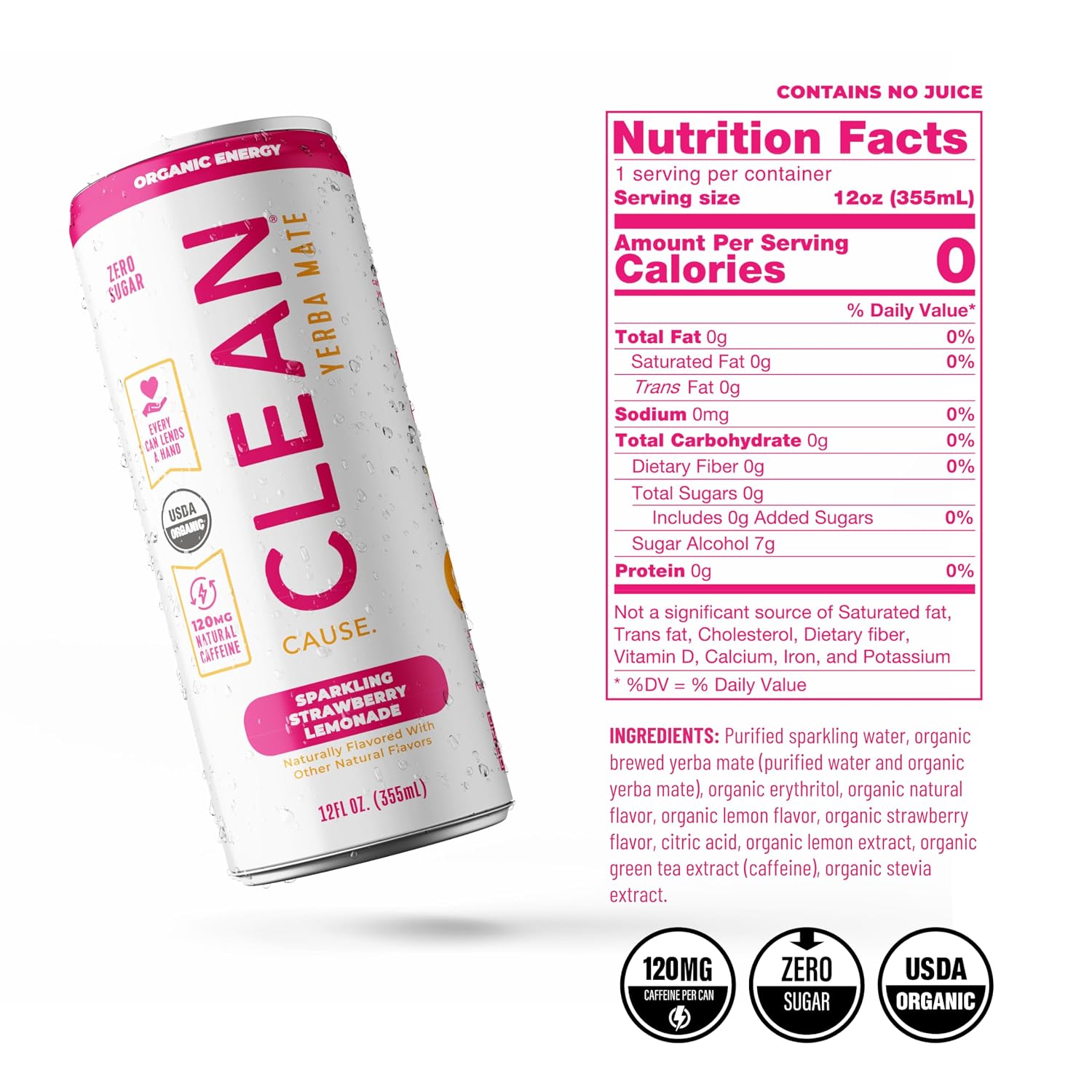 CLEAN Cause Zero Sugar Yerba Mate Organic Energy Orange Ginger, 12Pack 16oz