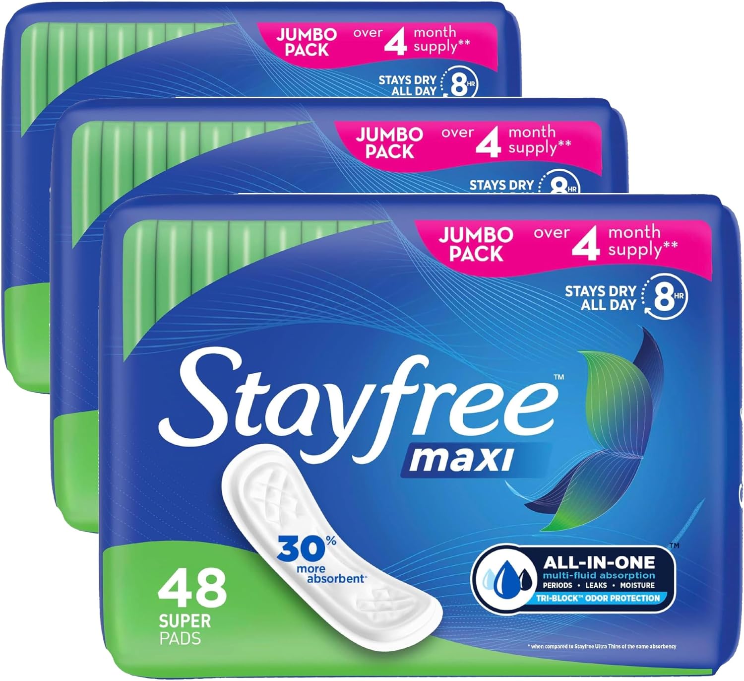 Stayfree Maxi Super Pads Wingless, Period and Leaks, 66 ct