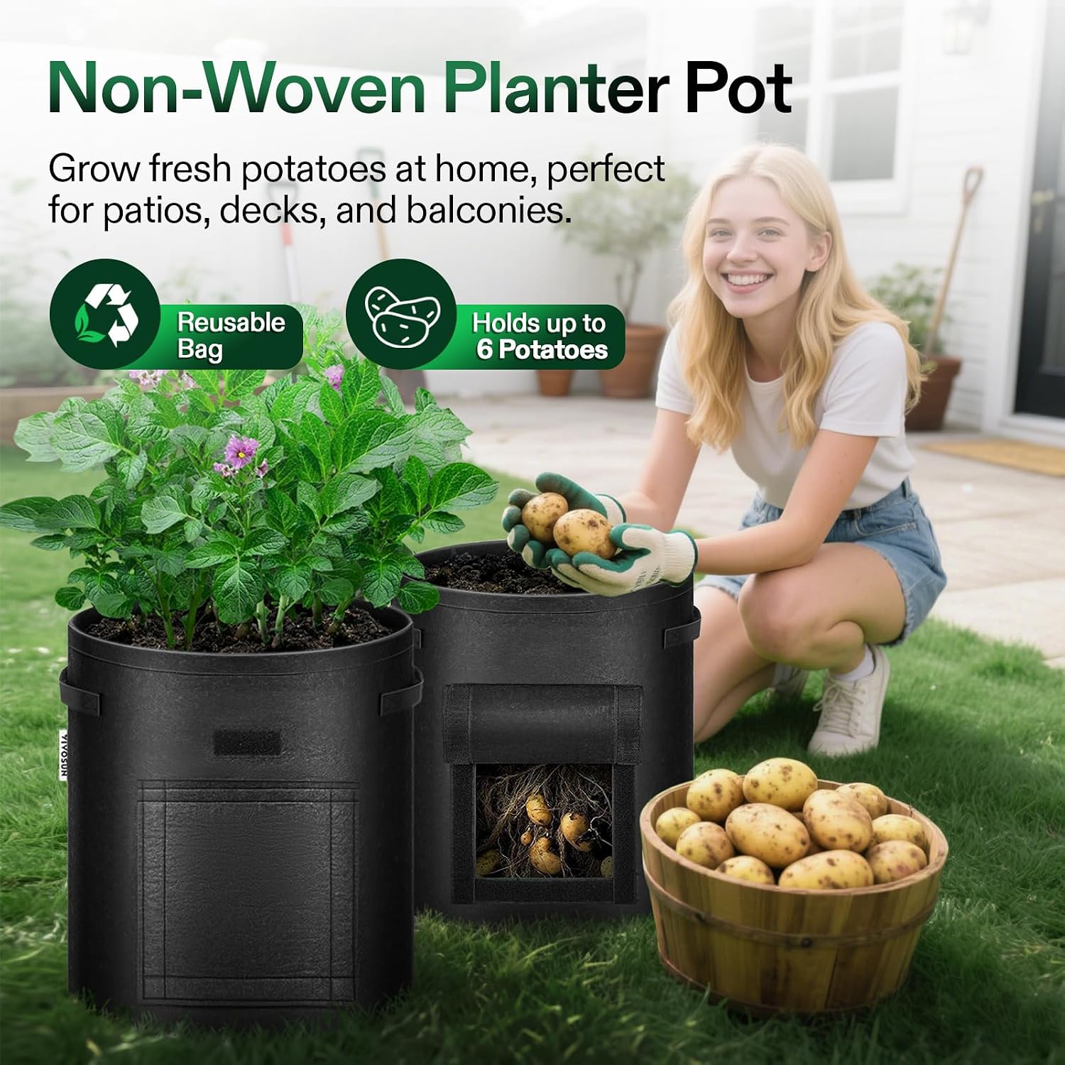 VIVOSUN 5-Pack 7 Gallon Potato Grow Bags, Roll-up Harvest Window