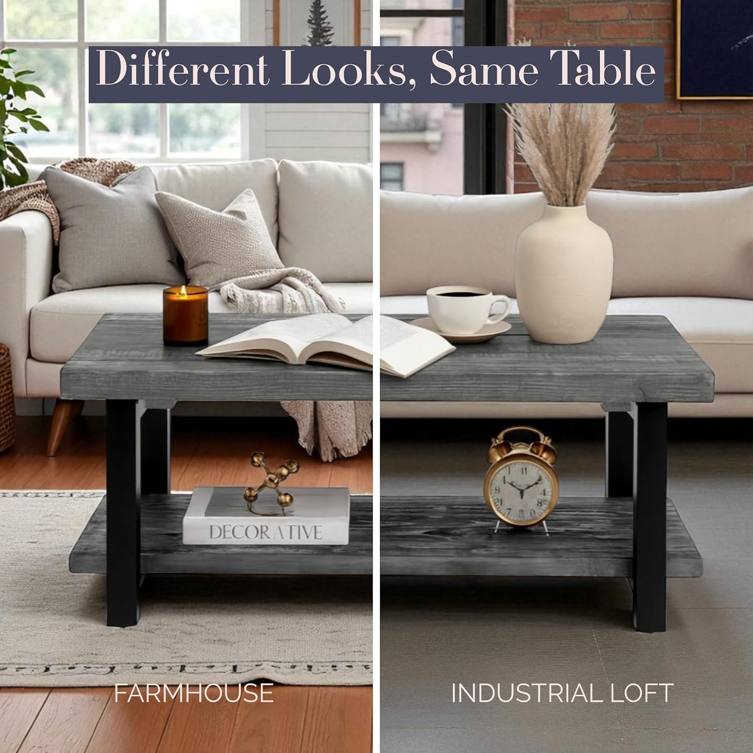 Alaterre Furniture Pomona Solid Wood 2-Tier End Table, Rustic Brown, 27” | Nightstand with Storage Shelf and Metal Legs, Industrial Farmhouse Chair Side Table for Living Room or Bedroom