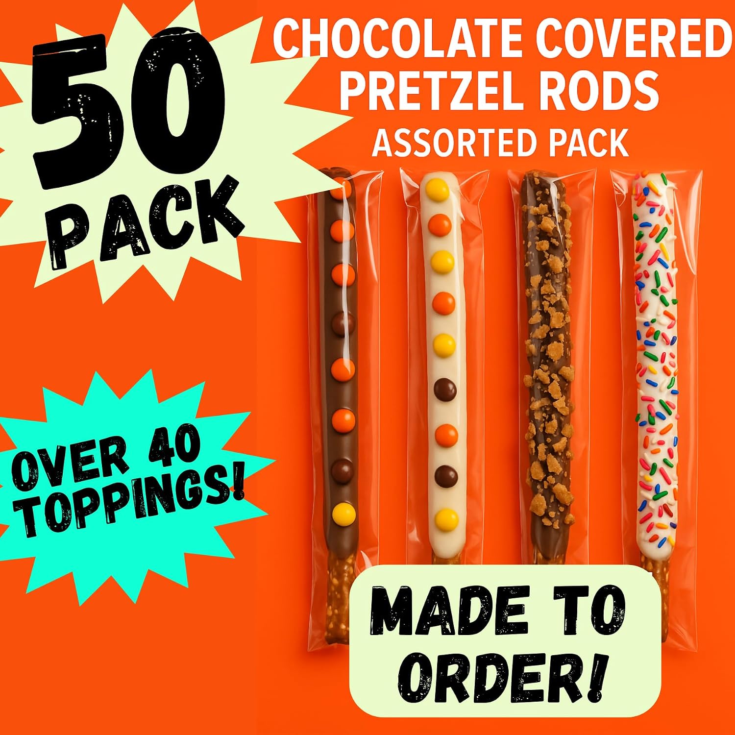 Chocolate Covered Pretzel Rods Gourmet Pretzel Sticks with Rainbow Sprinkles & Assorted Toppings Bulk 50 pack Individually Wrapped Chocolate Covered