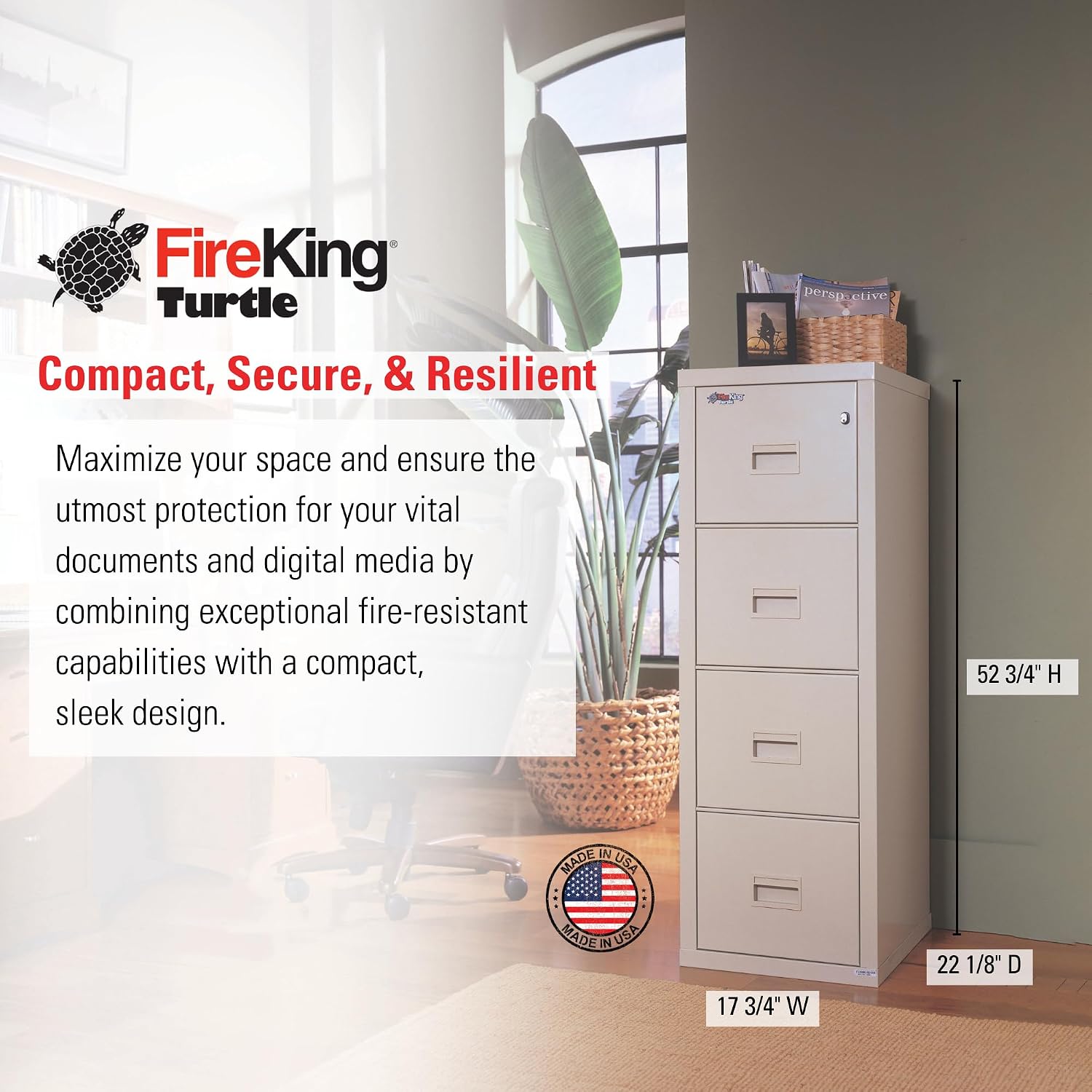 FireKing Turtle Vertical 2 Drawer Fire Rated File Cabinet, Black | 1 Hour Fire Rated Filing Cabinet - UL Class 350 - Water Resistant - Key Lock - Made in USA