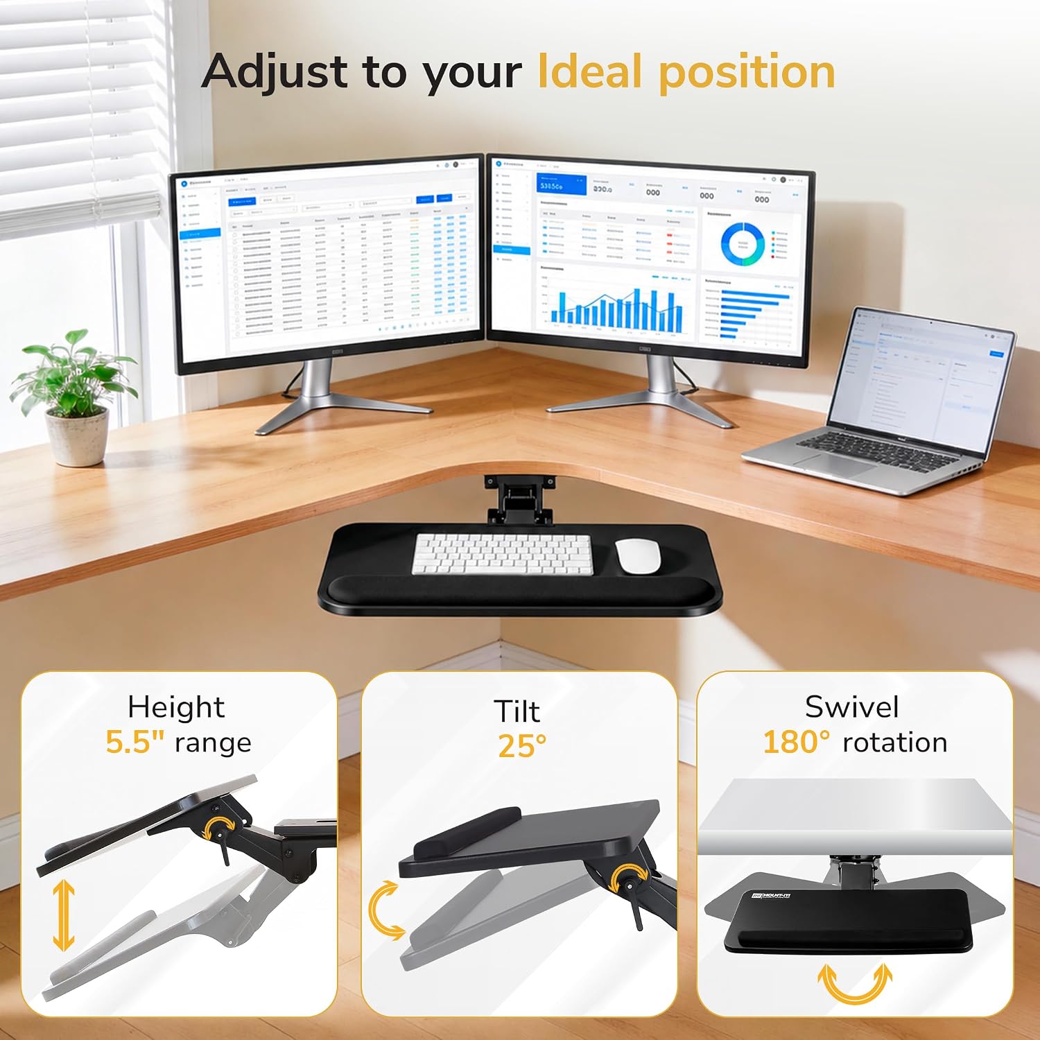 Mount-It! Under Desk Keyboard Tray, Slide-Out Keyboard Drawer with Height, Tilt and Swivel Adjustment