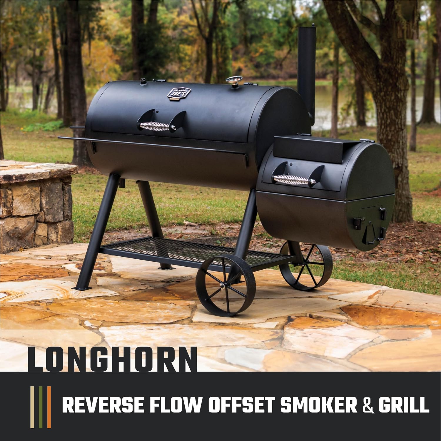 Oklahoma Joe's Longhorn Reverse Flow Offset Charcoal Smoker and Grill with 1060 sq. in. Cooking Area in Black