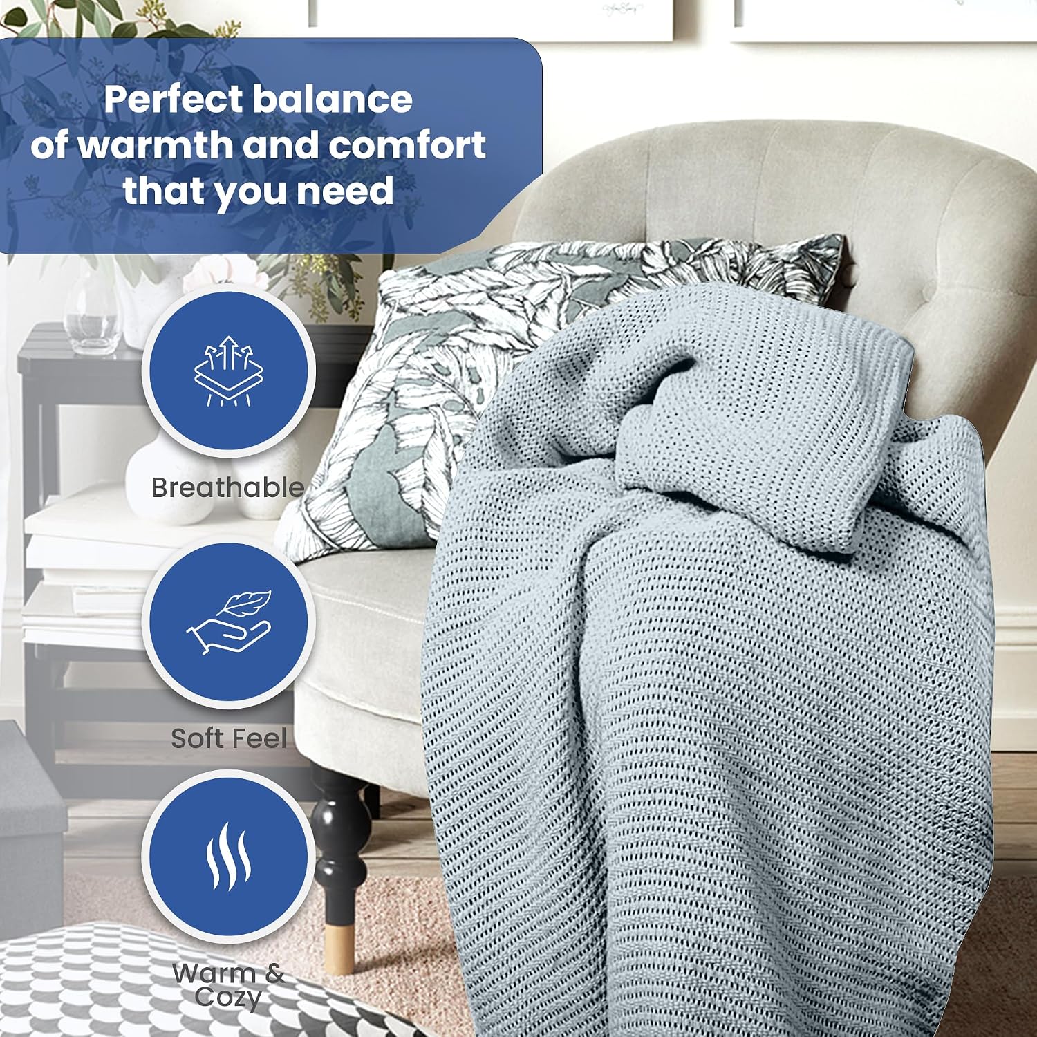 Linteum 100% Cotton Open-Cell Leno Weave Blanket — Breathable All Season — Queen 90x90 — Ice Grey