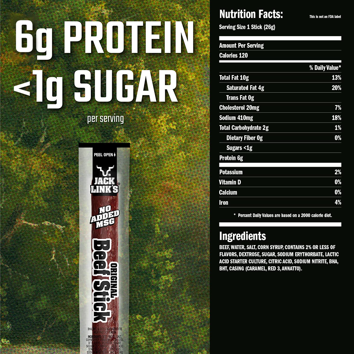 Jack Link's Original Beef Jerky Sticks - Made with 100% Real Beef - Ready to Eat Real Meat Protein Snacks - 6g Protein per Serving - 0.92 oz Meat Stick, 20 Count