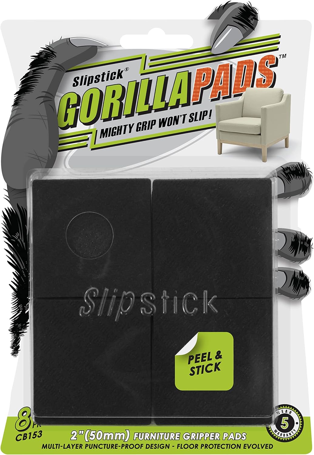 Slipstick GorillaPads CB149 Non-Slip Furniture Pads/Rubber Grippers (Set of 8) Self-Adhesive Furniture Feet Floor Protectors, 1-1/2 inch Round, Black