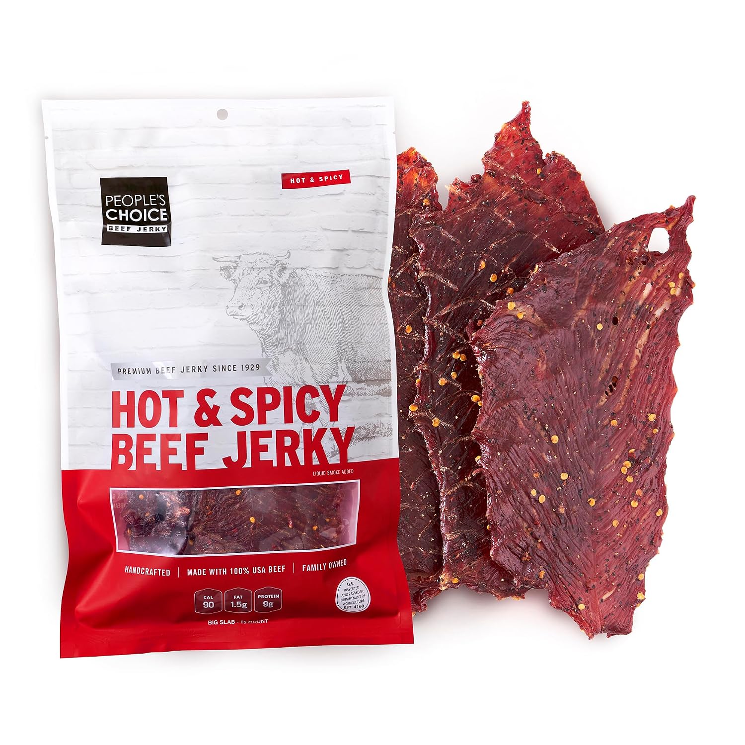 People's Choice Big Slab Beef Jerky - Whole Muscle - Hot & Spicy, 19.2 oz | Thin Sliced Slabs, 9 g Protein Per Serving, Low Sodium Recipe, 15 Count Pieces, Preservative Free, 365 Day Shelf Life