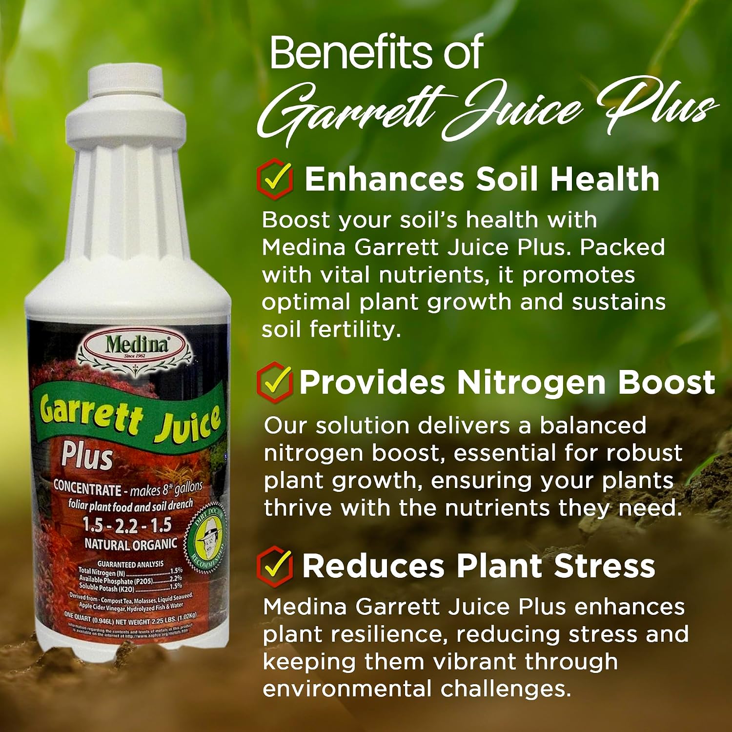 Medina Garrett Juice Plus Liquid Fertilizer, Houseplants & Garden - 1 Qt | Foliar Spray & Soil Drench | Vegetables, Flowers, Lawns & Trees | Seaweed & Fish Hydrolysate | Feed Every 1-2 Weeks