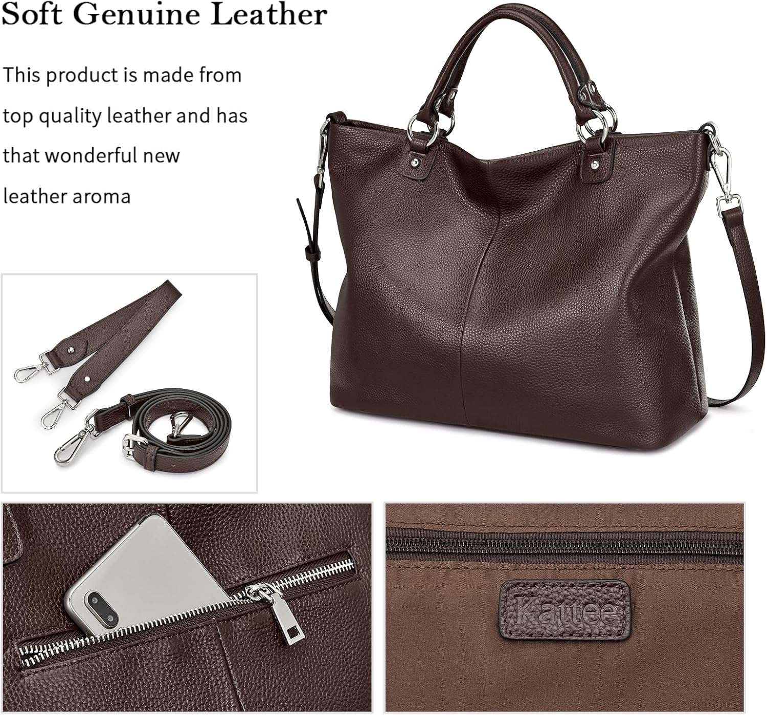 Kattee Genuine Leather Tote Purse for Women, Top Handle Satchel | Soft genuine leather tote with roomy storage and versatile carry for work, shopping, and travel.