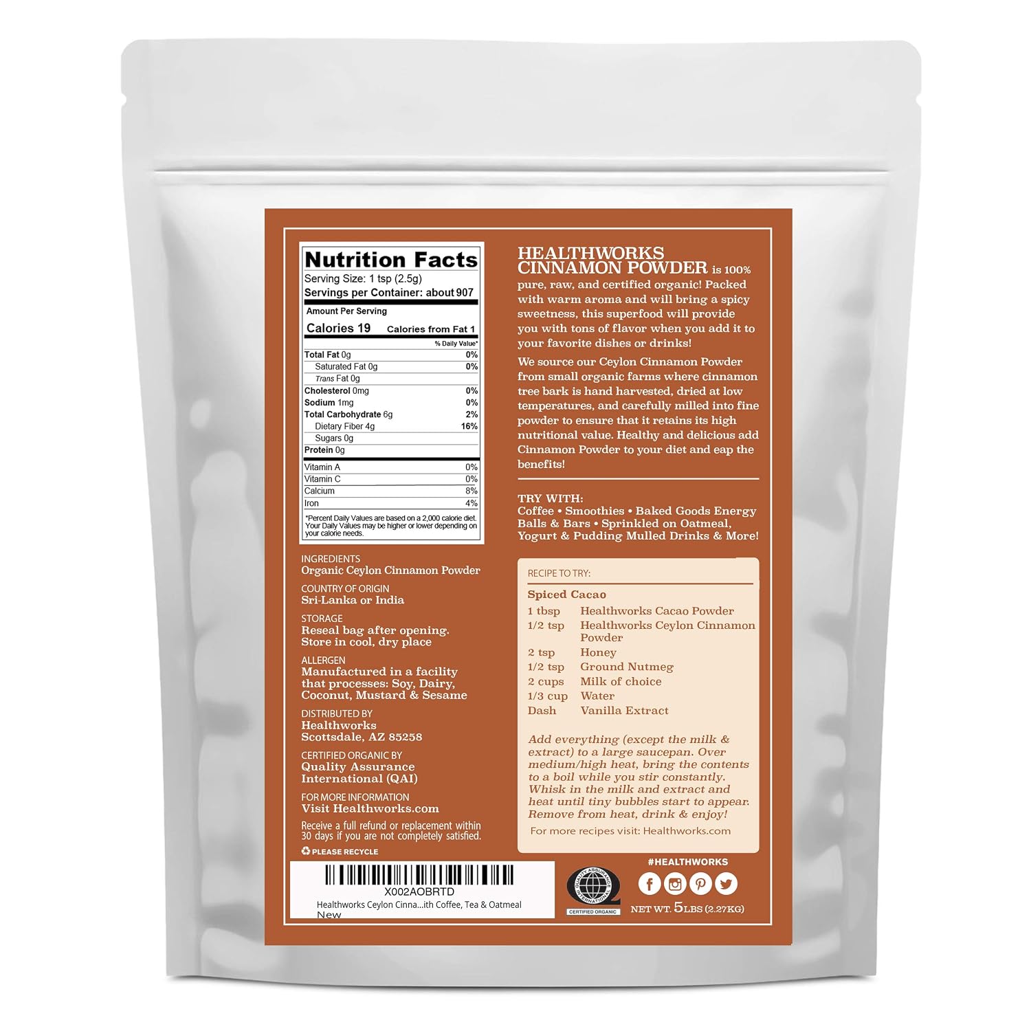 Healthworks Superfoods Organic Ceylon Cinnamon Powder 1 lb Ground Raw Vegan | Organic, Ceylon, Ground, Blood Sugar Support, Non-GMO, Vegan, Keto, For Baking, For Cooking, For Tea, Anti-Inflammatory