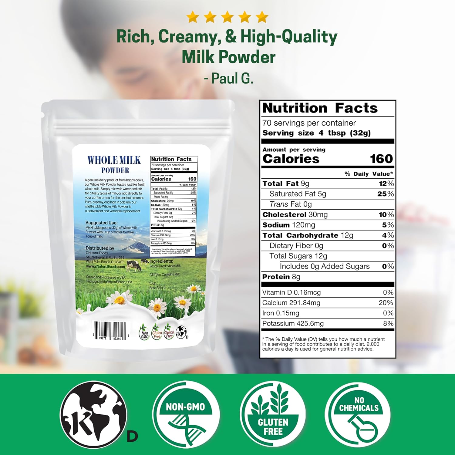 Z Natural Foods Premium Whole Milk Powder - Pasteurized Dry Milk, 5 lb