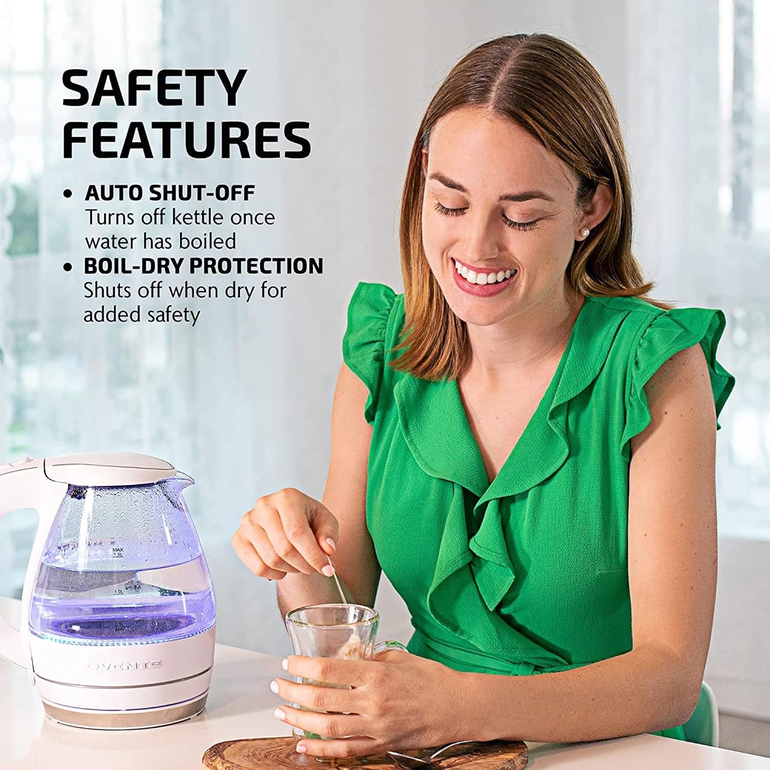 OVENTE 1.5L Glass Electric Kettle Water Boiler, Black KG83B | 1100W Fast Boiling, Borosilicate Glass, BPA-Free, Blue LED, Auto Shut-Off, Boil-Dry Protection, Removable Filter, 360° Base