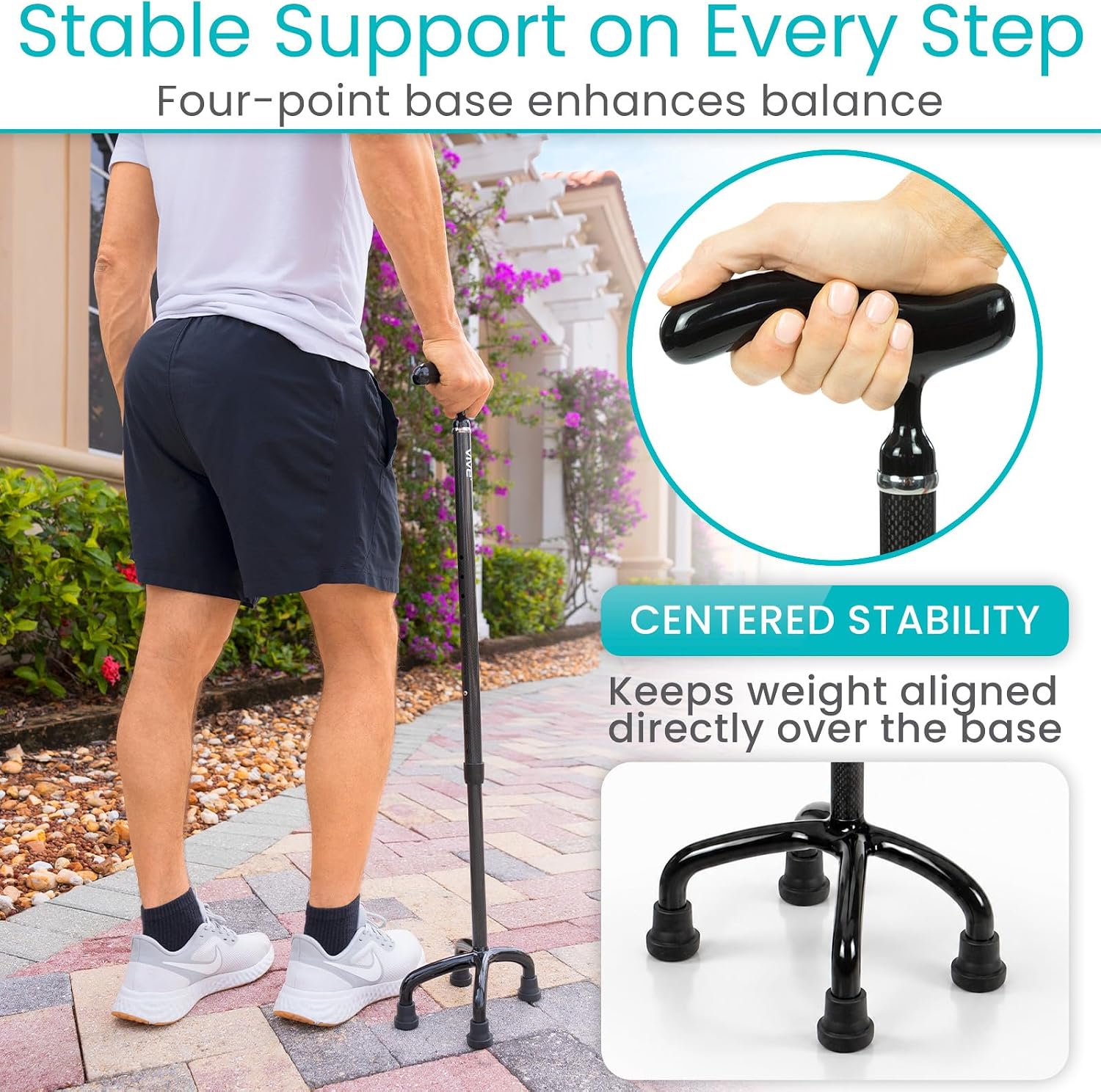 Vive Ultra-Lightweight Quad Cane - Carbon Fiber Walking Stick for Men | Women - Adjustable Ergonomic Grip Handle - Nonslip 4 Prong Rubber Tips for