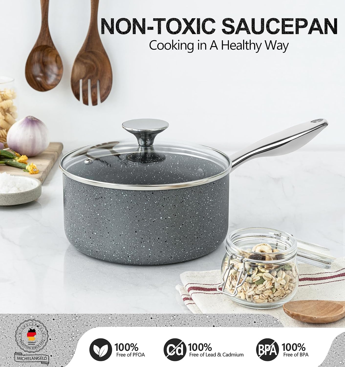 MICHELANGELO 2 Quart Saucepan with Lid, Nonstick Sauce Pan with Healthy Coating, Granite Sauce Pan with Stainless Steel Handle