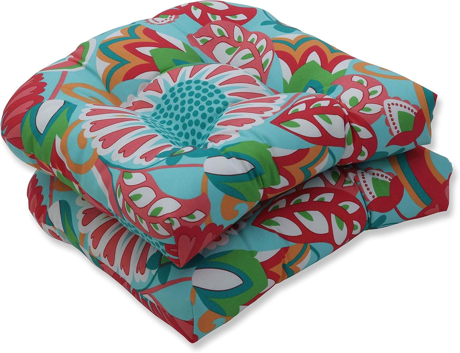 Pillow Perfect Bright Floral Indoor/Outdoor Tufted Wicker Seat Cushion, 2 Count, 19" x 19", Blue/Tan Telfair Peacock
