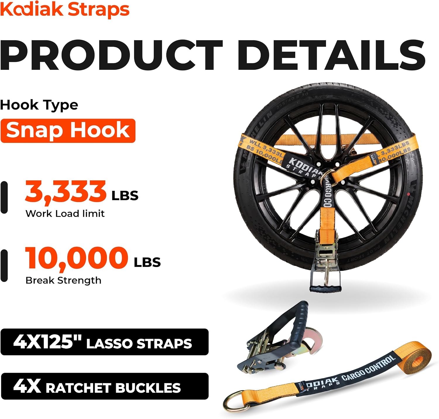 Adjustable Vehicle Tire Tie Down Straps Kit– 4pk Heavy Duty Tire Straps with Snap Hooks 10