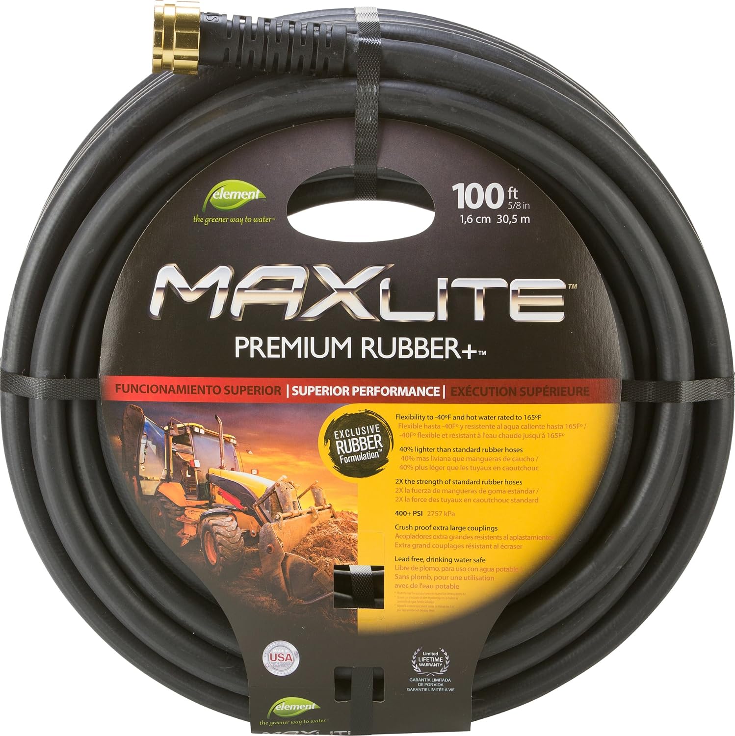 Swan Products CELSGC58050 Element MAXLite Premium Rubber+ Water Hose with Crush Proof Couplings 50' x 5/8", Black