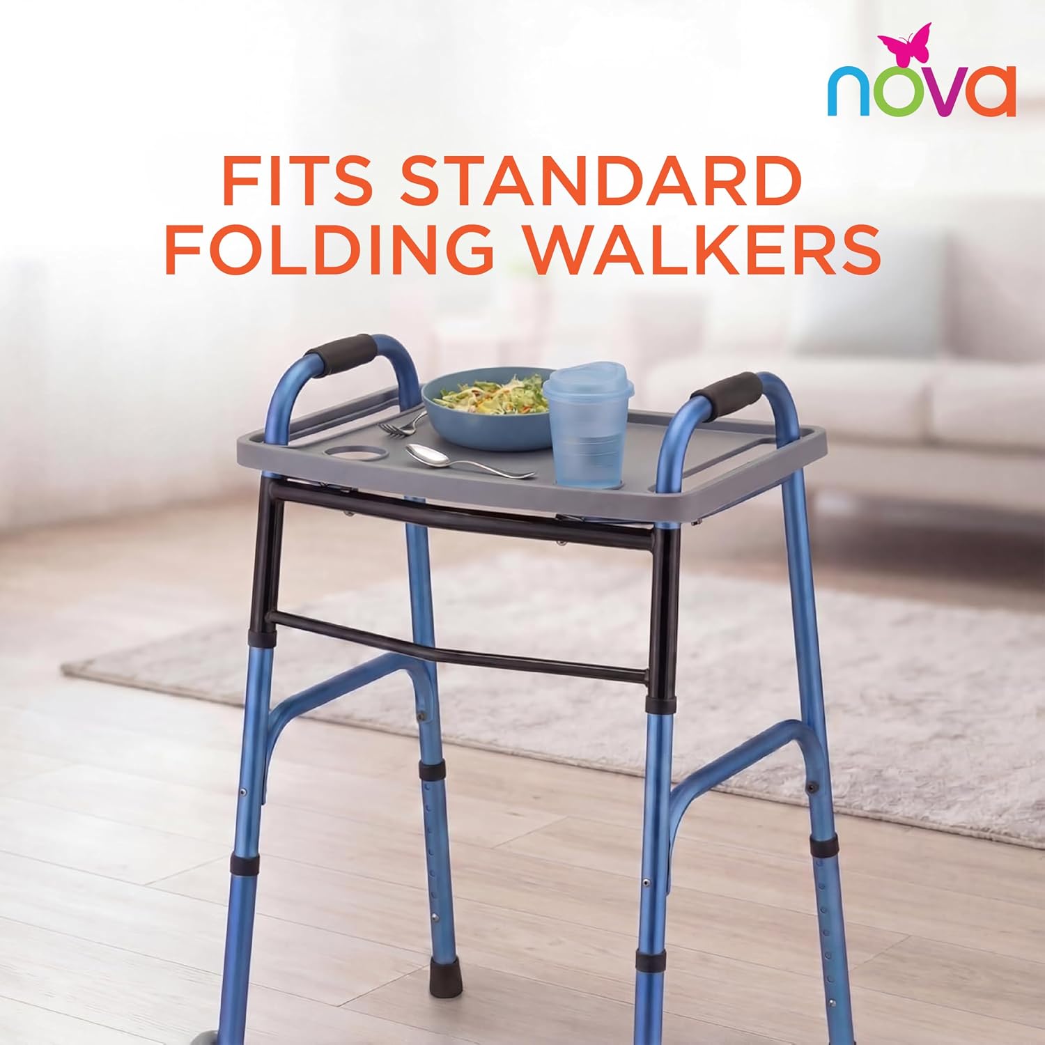 NOVA Walker Tray Table with Spill-Proof Raised Edges and Two Cup Holders and for Seniors, Standard Folding Walker Accessory, 16 x 23 Inch