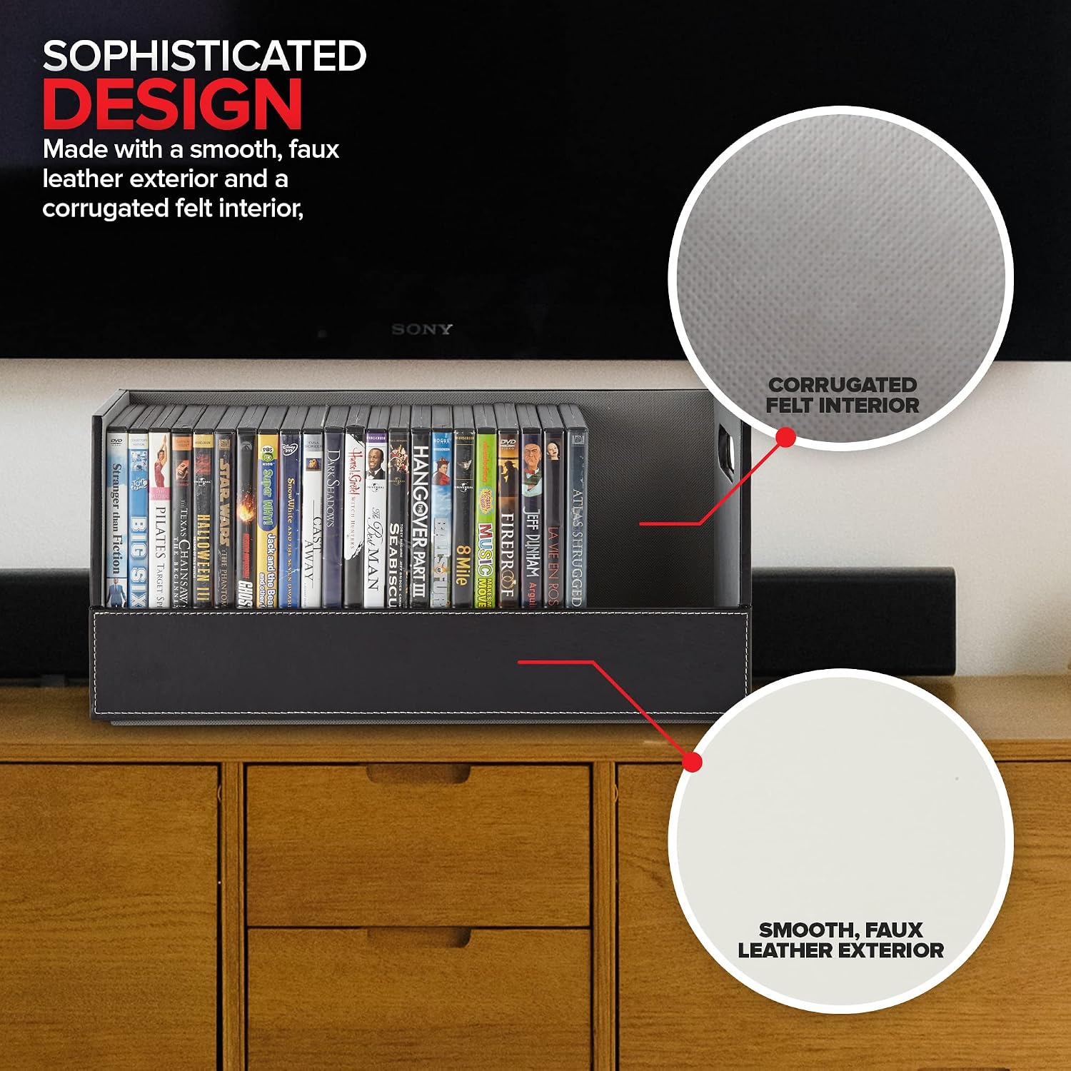 Stock Your Home DVD Storage Box, Movie Shelf Organizer for Blu-Ray, Video Game Cases, CDs, VHS Tape Display Stand, Disc Holder Can Store Up to 28 DVDs, Faux Leather (Espresso)