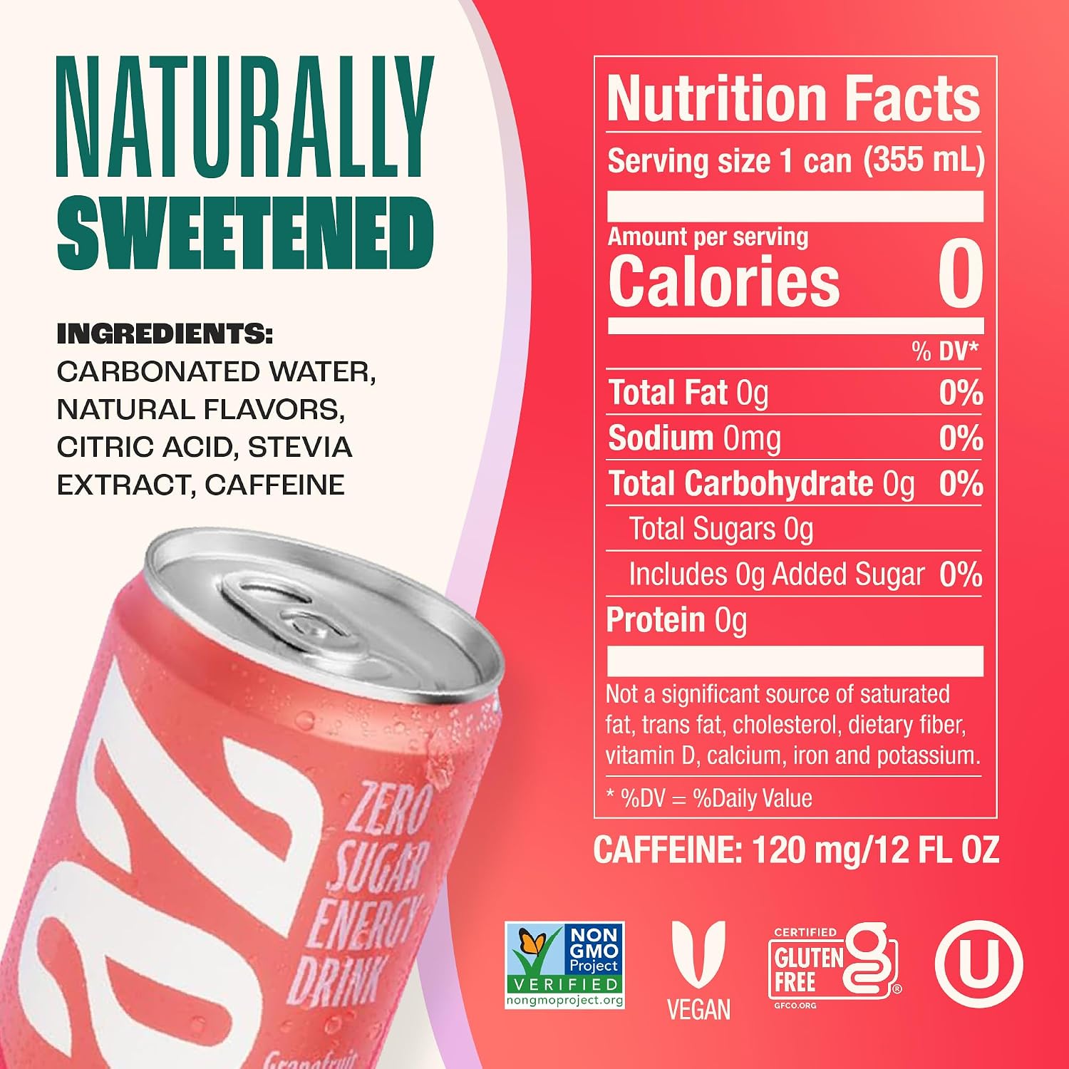 Zevia Zero Sugar Energy Drink, Raspberry Lime, 12 oz Cans (12-Pack) – Naturally Sweetened, Zero Calorie Sugar Free Energy - Non-GMO Project Verified, Gluten-Free, Vegan