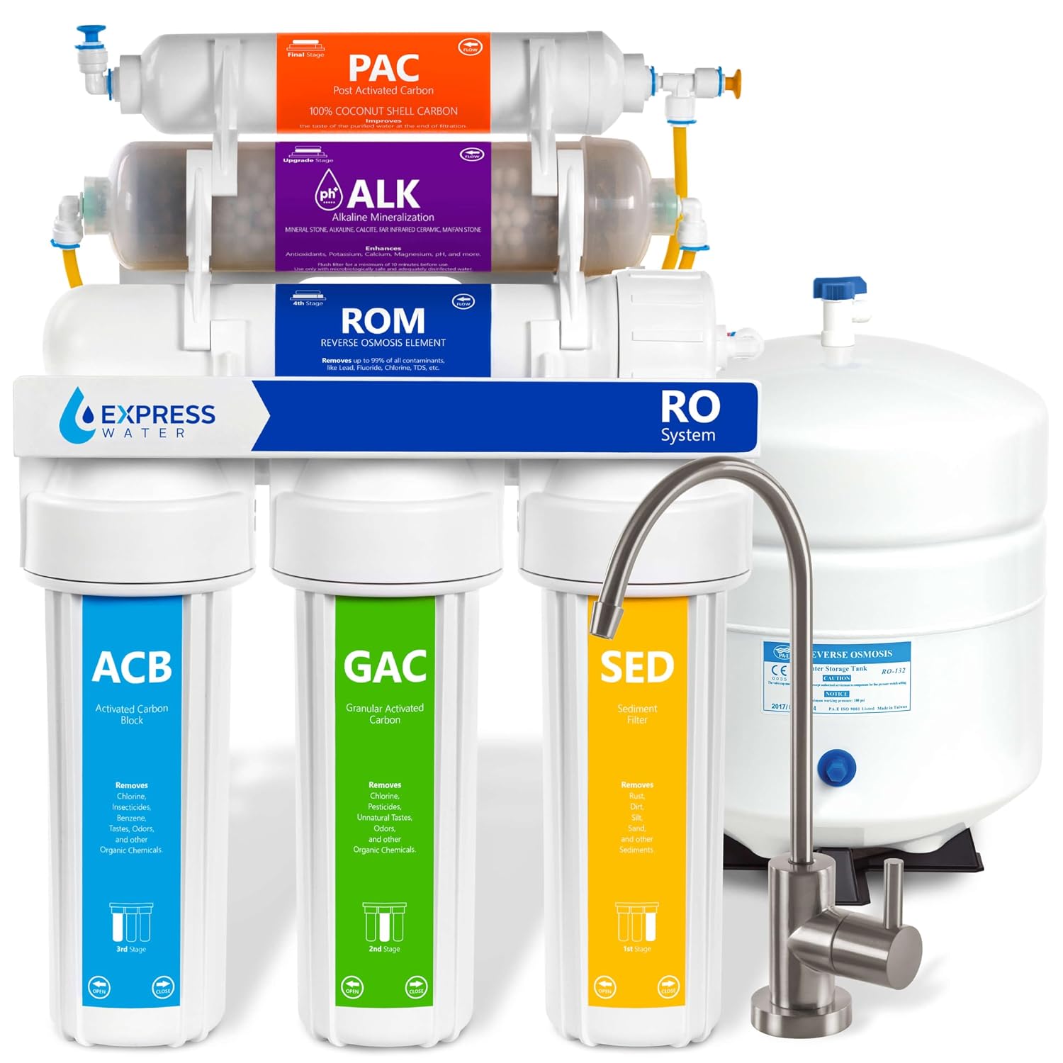 Express Water ROALK5D, 10-Stage Under Sink RO System, Alkaline, 50 GPD | NSF Certified 372, Deluxe Chrome Facuet, Reduces 99% of Impurities, BPA Free, Leak Detection