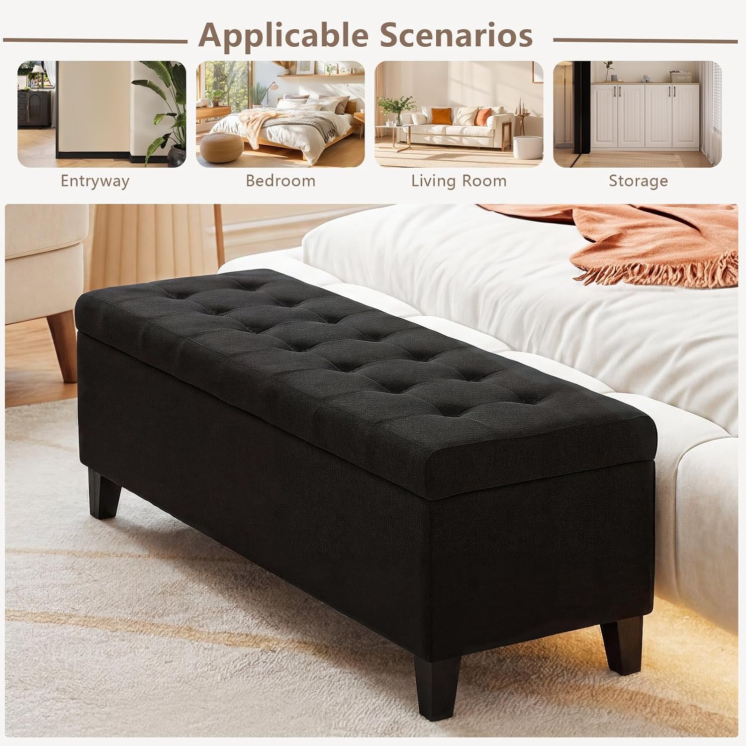 51 Inch Storage Bench,Leather Tufted Storage Ottoman with Legs | Safety Hinges,Wooden Legs,Upholstered,End of Bed,Bedroom,Living Room,Entryway,330LBS,Brown