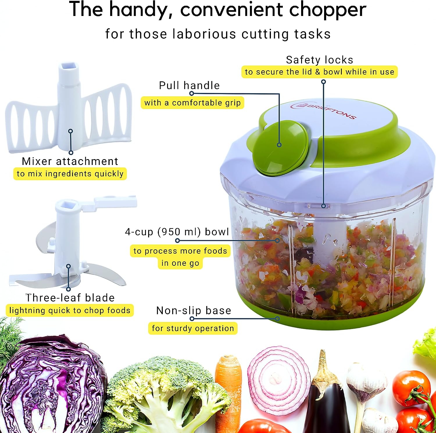 Brieftons QuickPull Manual Food Chopper, 4-Cup Hand Pull String Chopper, No Electricity, Chops Onion Tear-Free, Garlic, Vegetables, Herbs, Nuts for Salsa, Guacamole, Pesto, Baby Food, RV, Camping