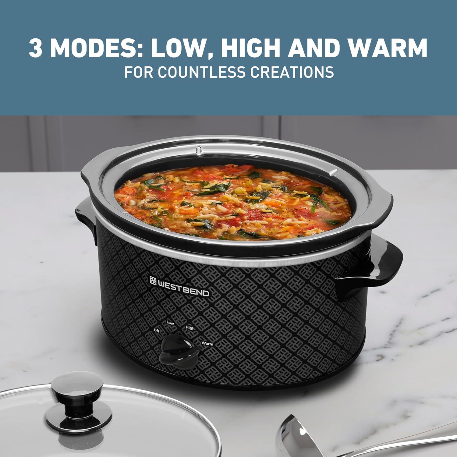 West Bend Slow Cooker 4-Quart Manual Crockery Style with Dishwasher Safe Oval Ceramic Crockpot and Glass Lid Two Temperature Settings Plus Keep Warm, 210-Watts, Black
