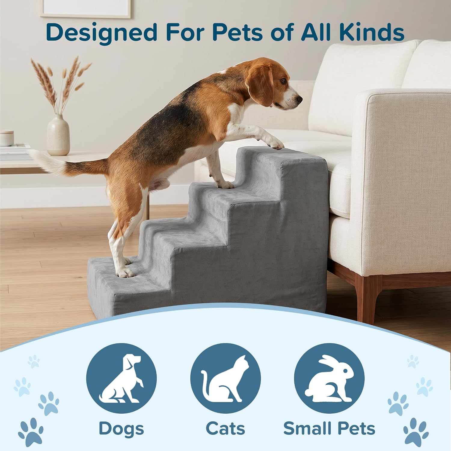 3-Step Pet Stairs - Nonslip Foam Dog and Cat Steps with Removable Zippered Microfiber Cover - 2-Tone Design for Home or Vehicle Use by PETMAKER (Tan) | 3-Step Pet Steps for High Bed and Couch - Pet Stairs with Nonslip Bottom, High-Density Foam, and Remov…