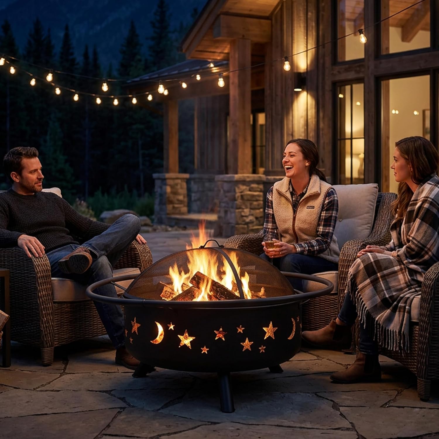 Sunnydaze Cosmic 42" Large Outdoor Fire Pit, Wood Burning, 34" Bowl Dia | Bronze, Heavy Duty Steel Metal, Includes Spark Screen, Wood Grate, & Poker, Round Backyard Firepit for Outside, Patio, Deck