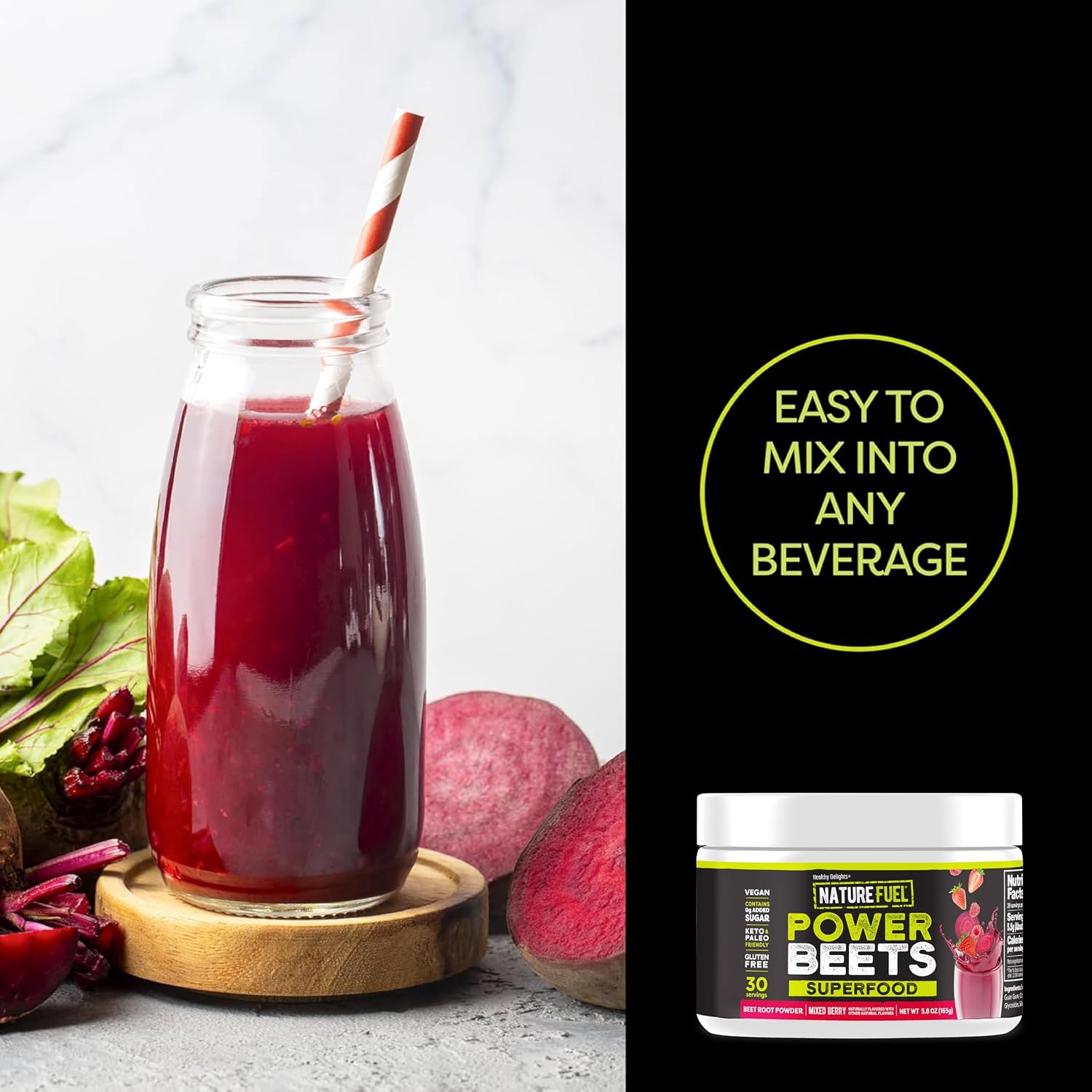 SlimFast Healthy Delights Nature Fuel Power Beets Vegan Beet Juice Powder | 0g Added Sugar, Beet Root Supplement, Beetroot, Mixed Berry, 30 Servings