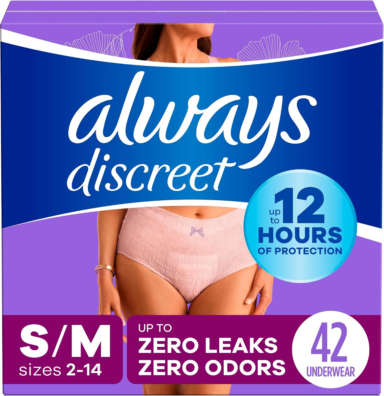 Always Discreet Adult Diapers for Women, Incontinence Underwear, Postpartum Essentials, Disposable Briefs, Max Absorbency, Bladder Leak Protection, Small/Medium, 32ct