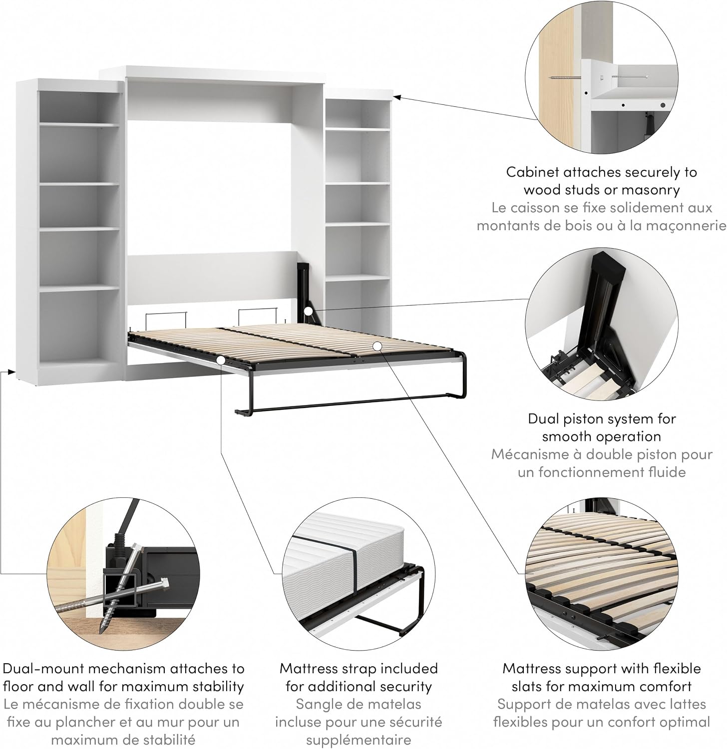 Bestar Pur Queen Murphy Bed, 65-inch Space-Saving Sleeping Arrangement for Multipurpose Area, Bedroom, Guest Room, or Living Room | Dual piston mechanism; for guest room or multipurpose space; Shaker-inspired trim with metal handles