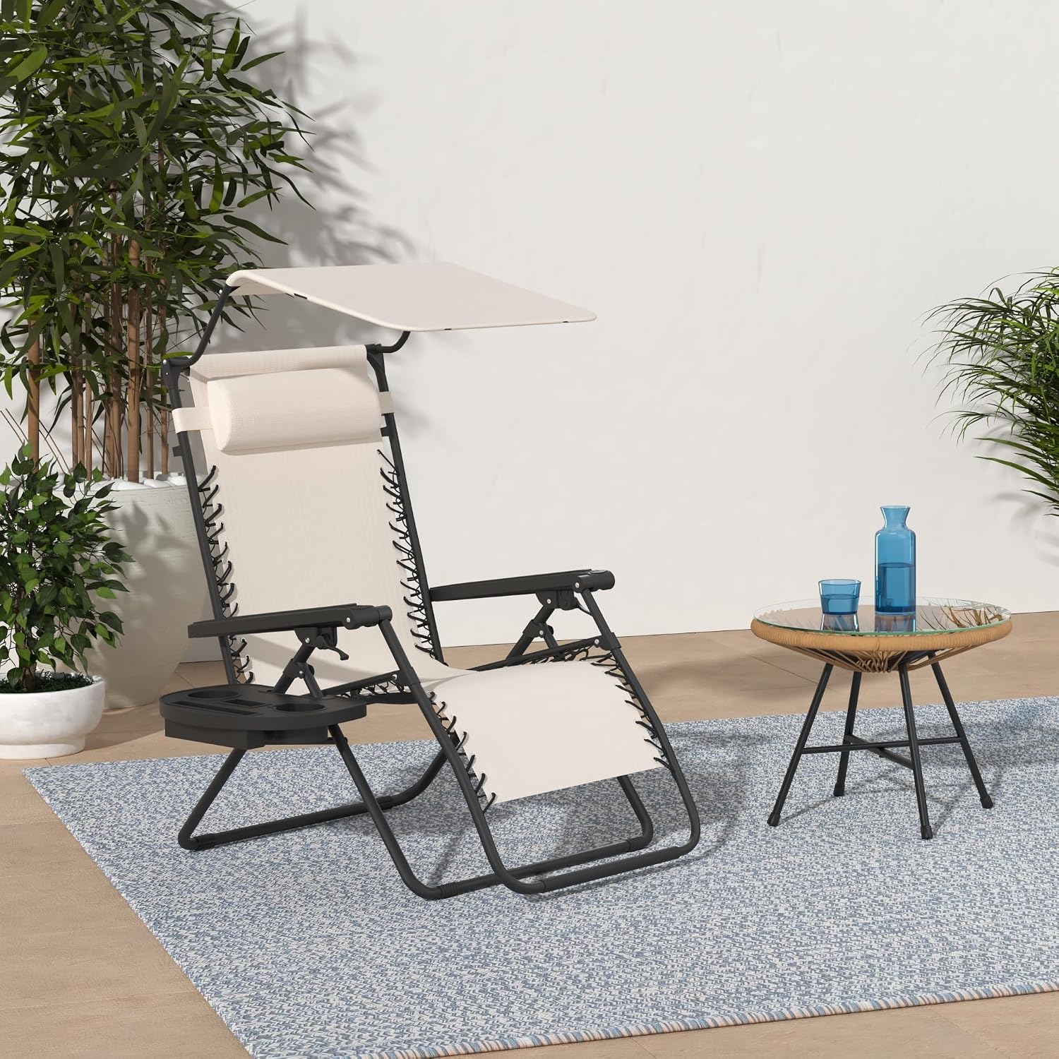 Best Choice Products Folding Zero Gravity Outdoor Recliner Patio Lounge Chair w/Adjustable Canopy Shade, Headrest, Side Accessory Tray, Textilene Mesh - Beige