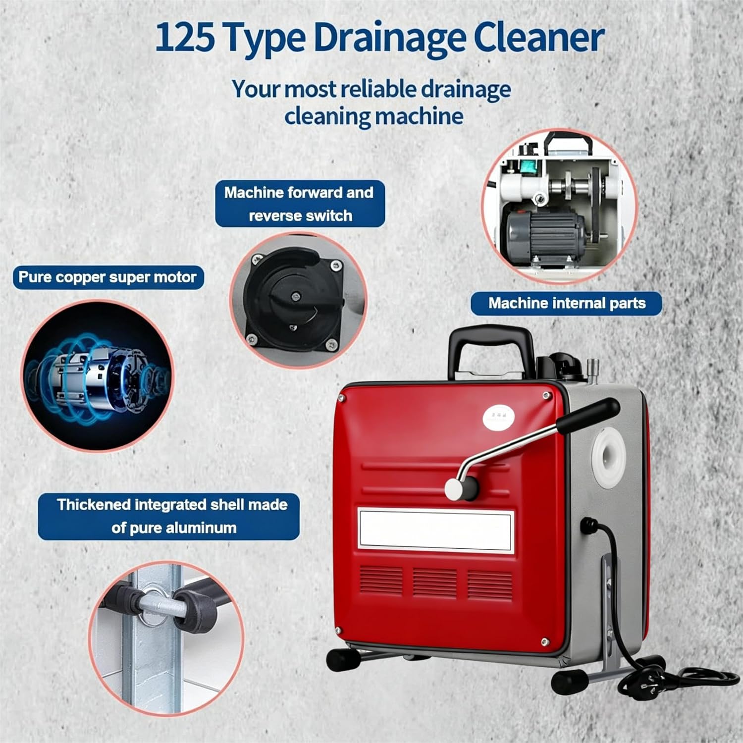 Drain Cleaner Machine, 90Ft Electric Drain Drill (74 'x 5/8 "and 16' x 3/8"), 400W 3-wire electric, portable design, comes with 6 knife heads