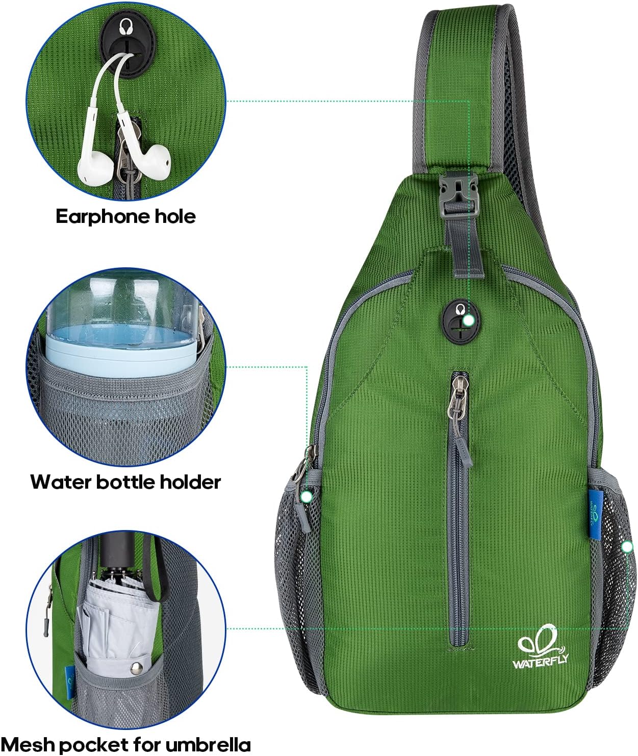 WATERFLY Crossbody Sling Backpack Sling Bag Travel Hiking Chest Bag Daypack (Black) | Small Hiking bag,Multi-compartment storage,Water-resistant,Breathable back pad,Reversible adjustable shoulder strap