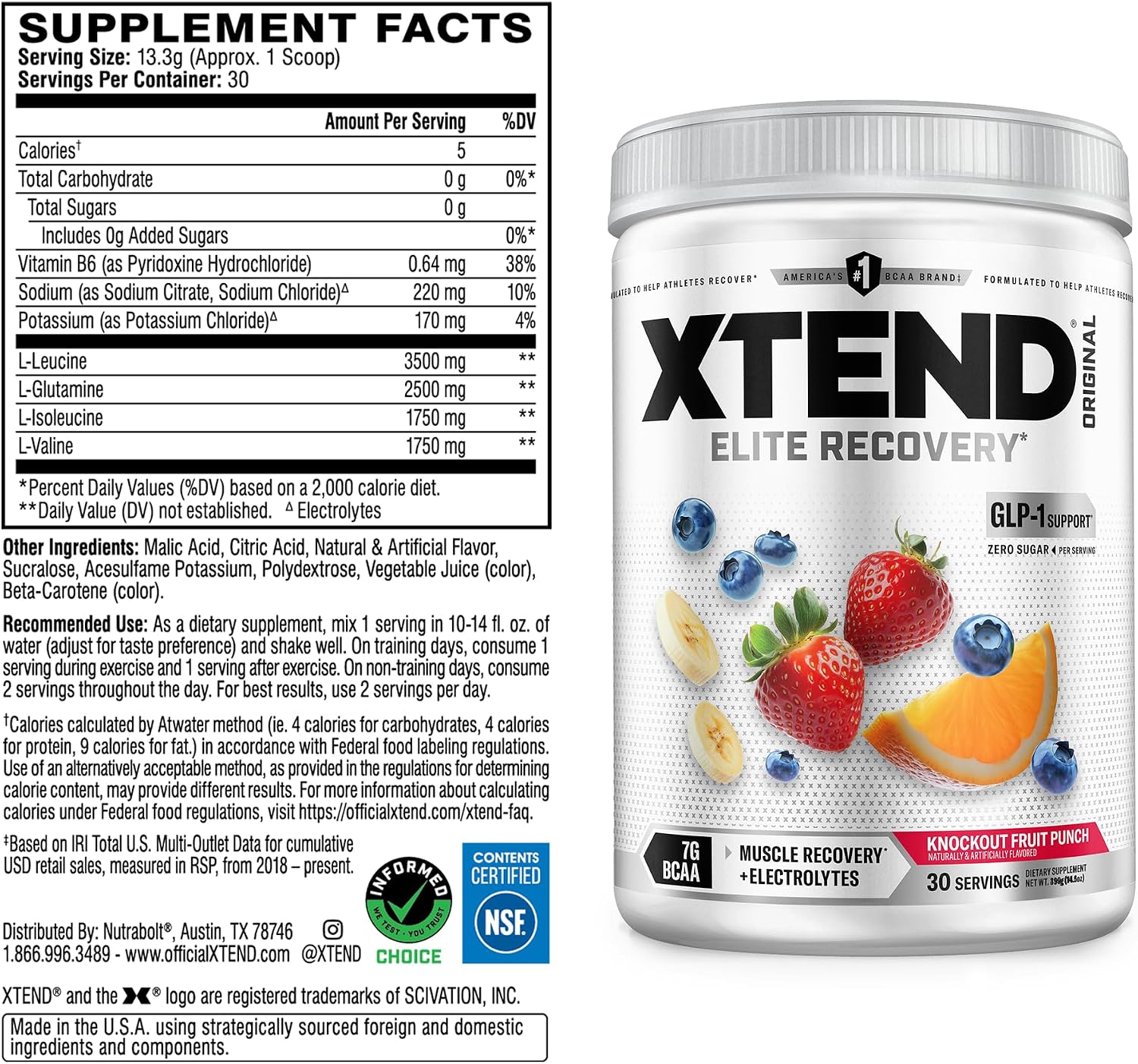 Xtend Original BCAA Powder, 7g BCAAs and 2.5g L-Glutamine for Muscle Recovery Hydration and Lean Muscle, Sugar Free Intra and Post Workout Drink with Electrolytes, Watermelon Explosion, 30 Servings