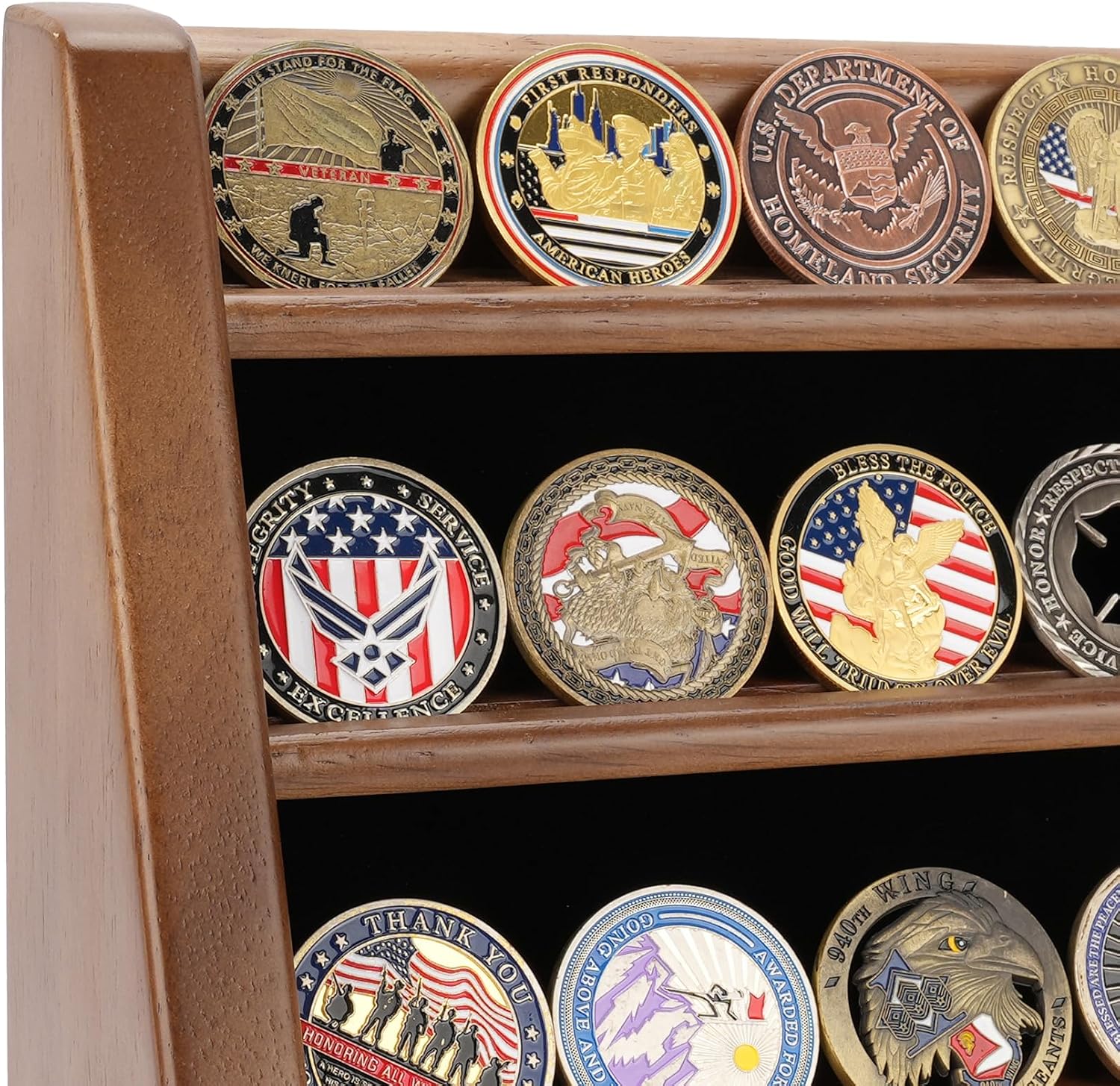 ASmileIndeep 3 Rows Wooden Challenge Coin Wall Display Stand - Military Coin Holder Army Coins Rack, Holds 21-24 Coins, Mahogany