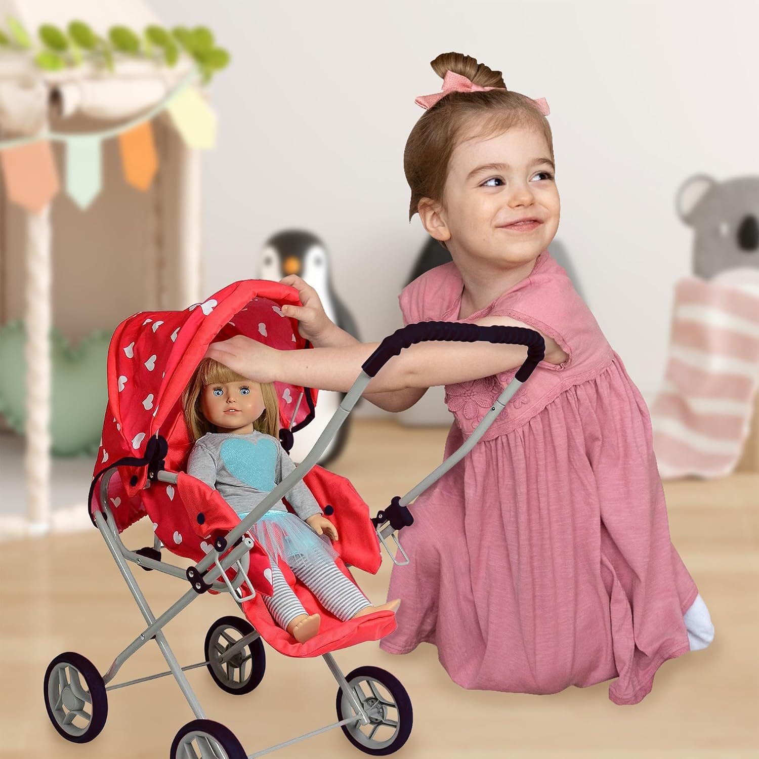 Baby Doll Stroller Play Set, 3-in-1 Babydoll Stroller with Removable Bassinet Baby Carriage for Dolls Toy Doll Stroller for Toddlers 3-4 Years,